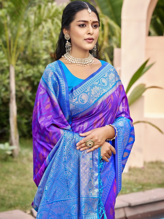 Purple Blue Pochampalli Silk Saree — alternate view