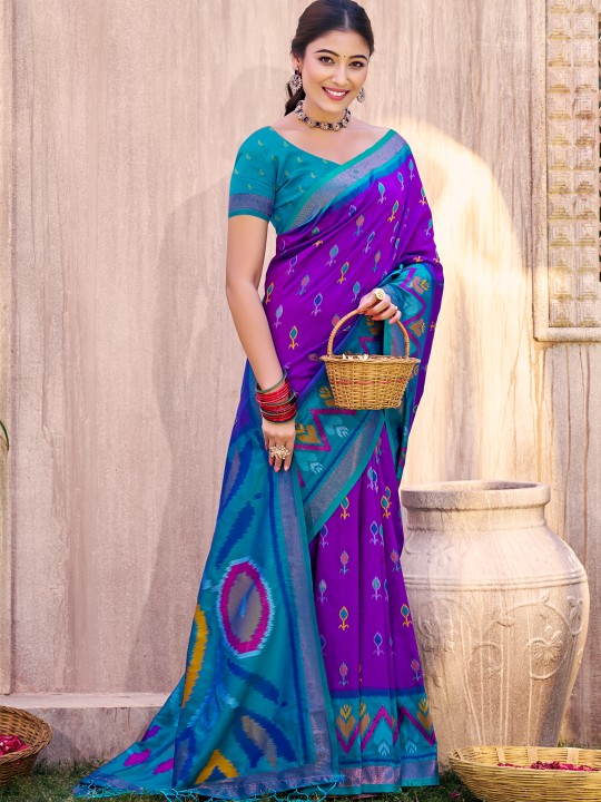 Purple Blue Pochampalli Silk Saree
