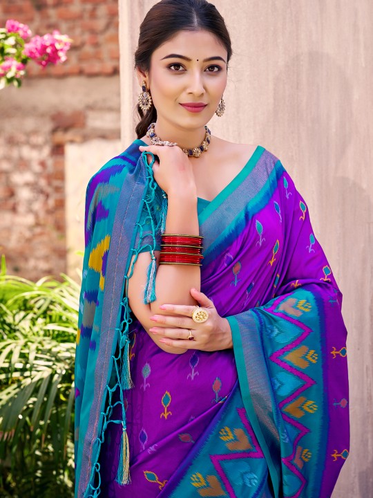 Purple Blue Pochampalli Silk Saree — alternate view