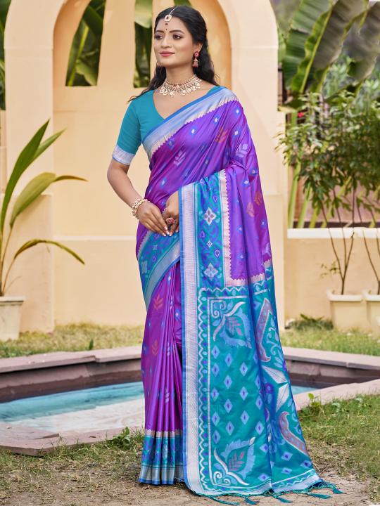 Purple Blue Woven Designer Pochampalli Silk Saree