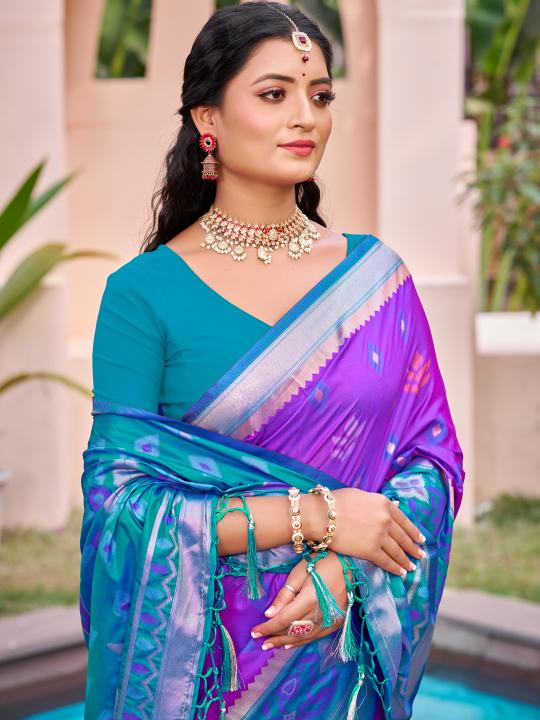 Purple Blue Woven Designer Pochampalli Silk Saree — alternate view