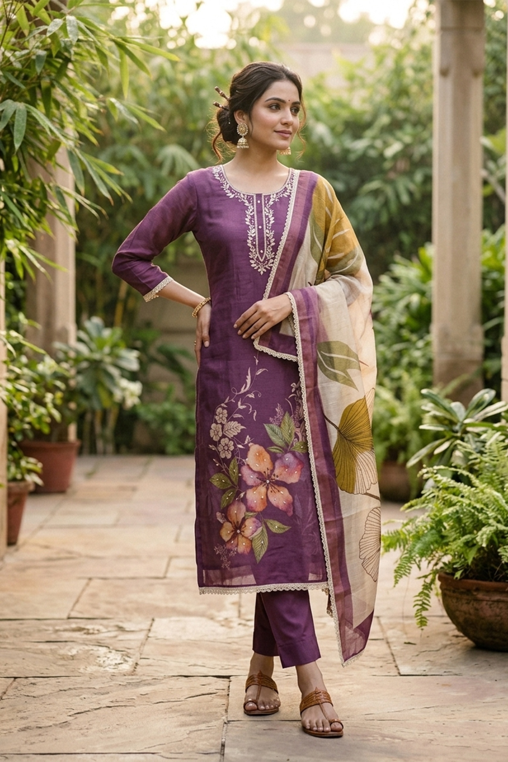 Purple Botanical Cotton Linen Palazzo Suit