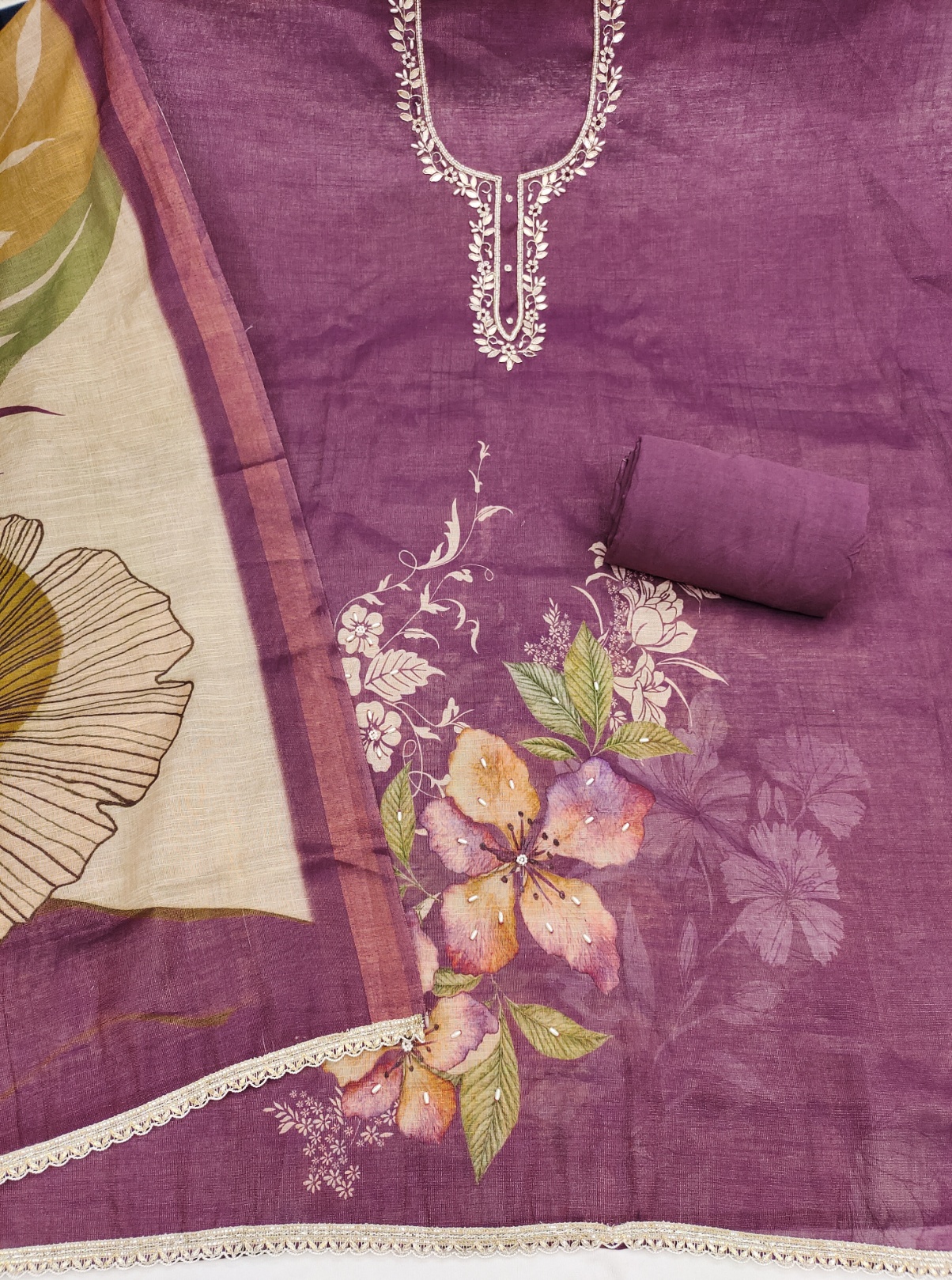 Purple Botanical Cotton Linen Palazzo Suit