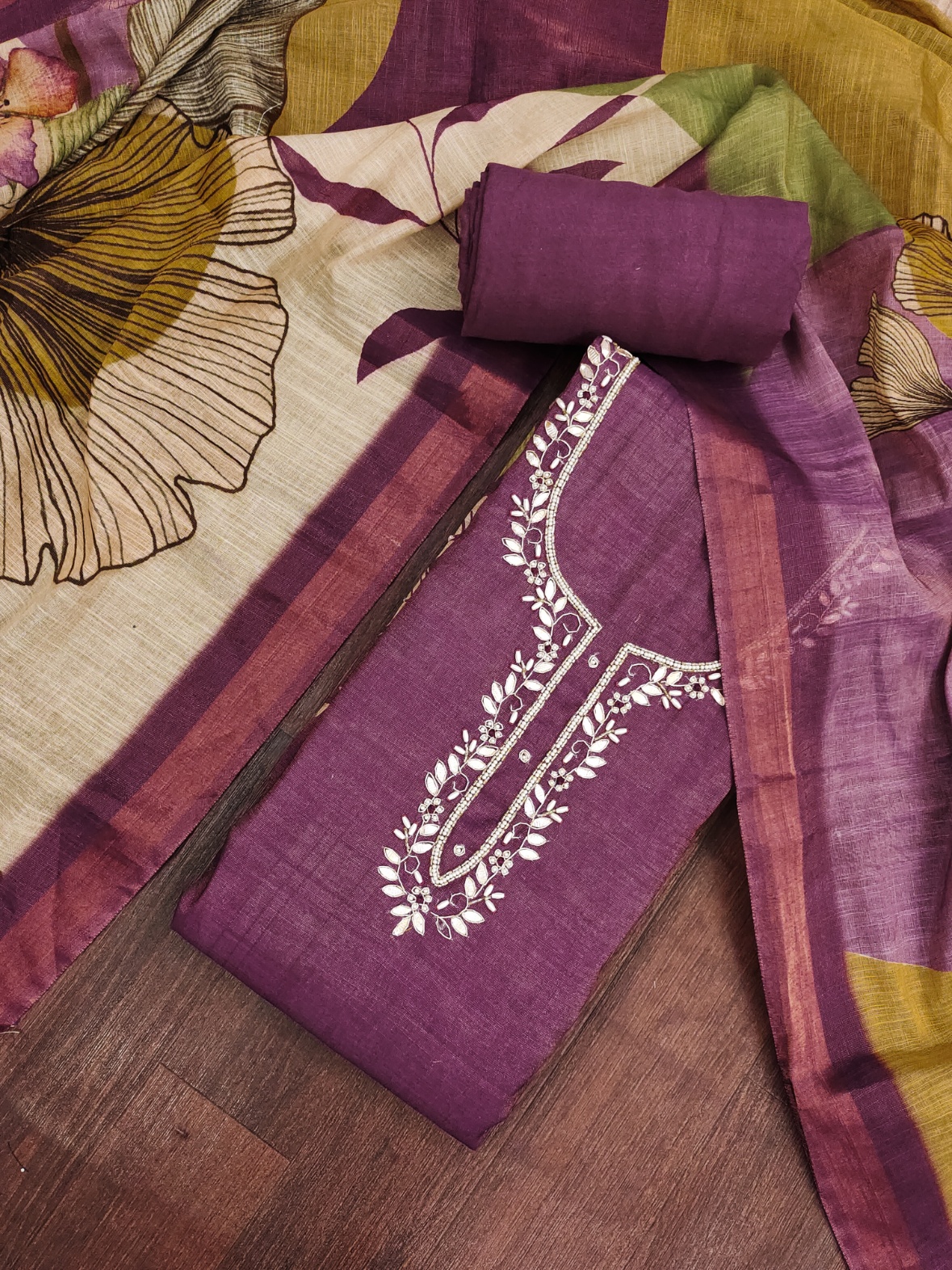 Purple Botanical Cotton Linen Palazzo Suit