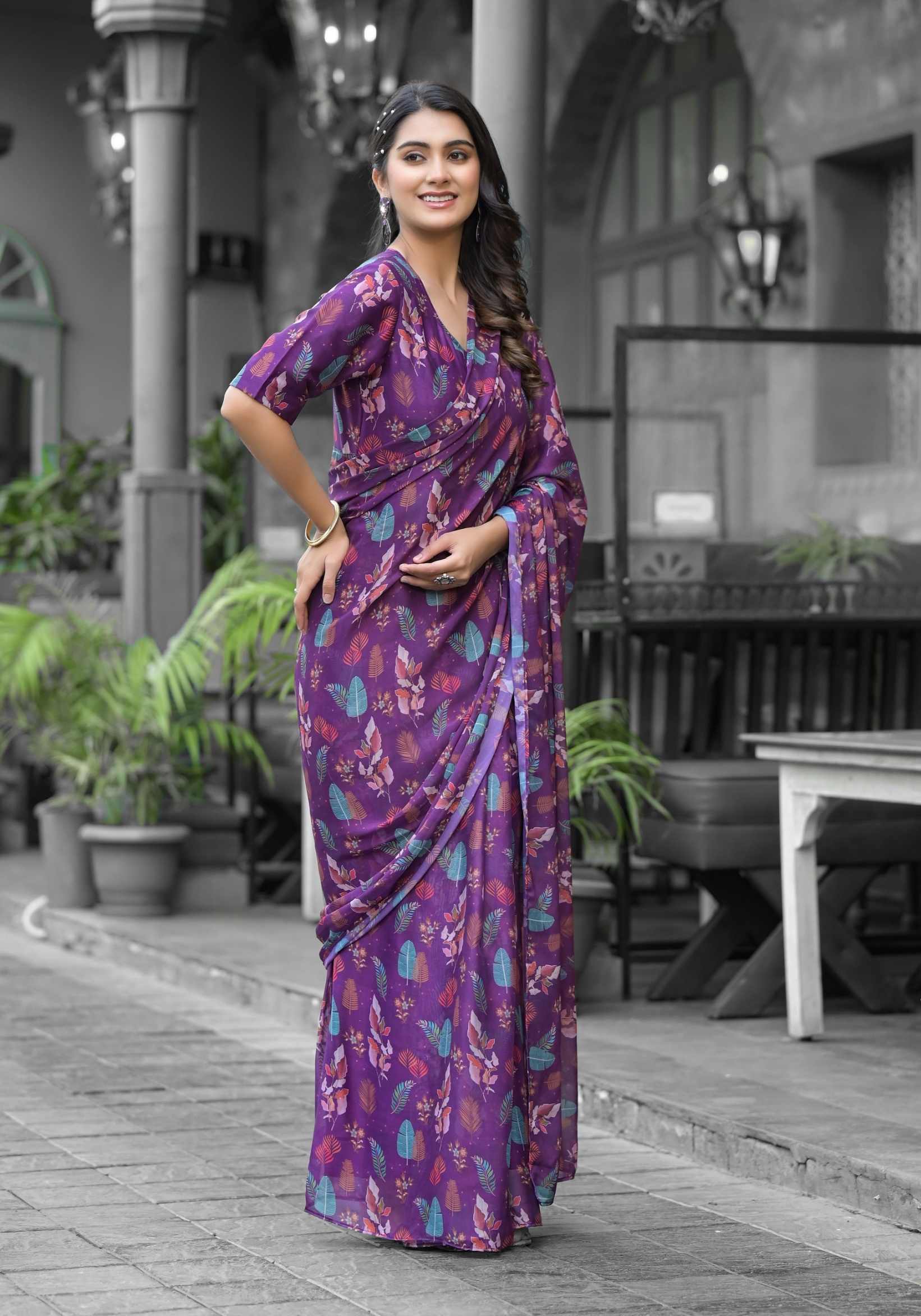 Purple Botanical Digital Georgette Saree Gown