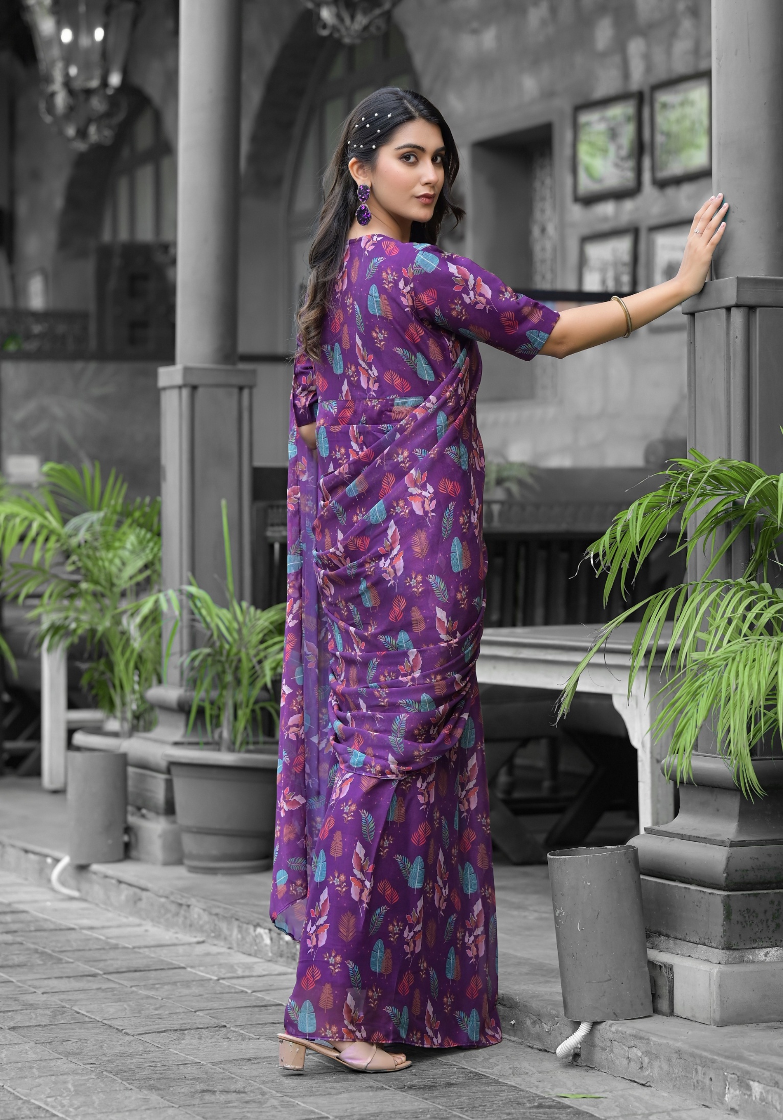 Purple Botanical Digital Georgette Saree Gown — alternate view