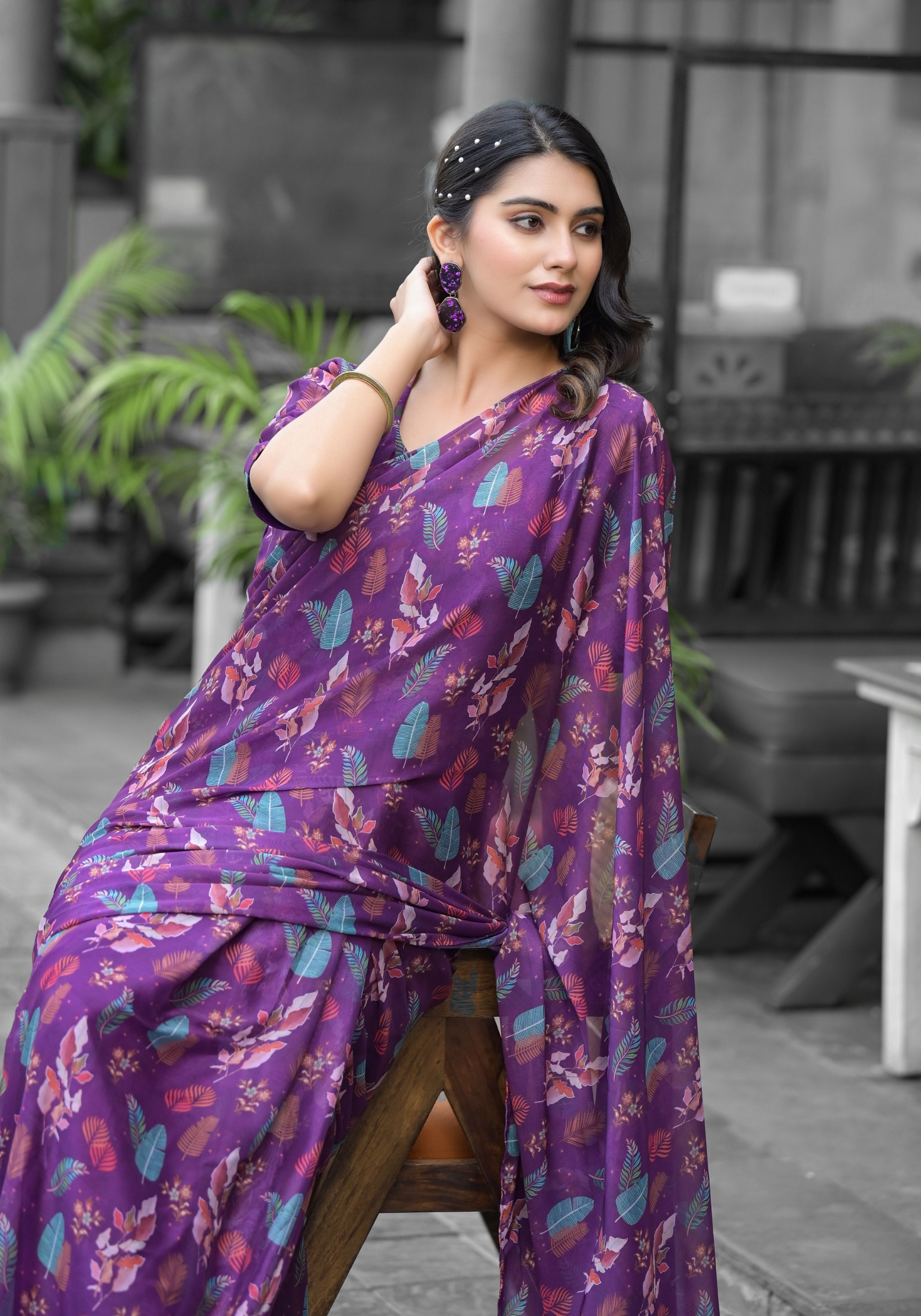 Purple Botanical Digital Georgette Saree Gown
