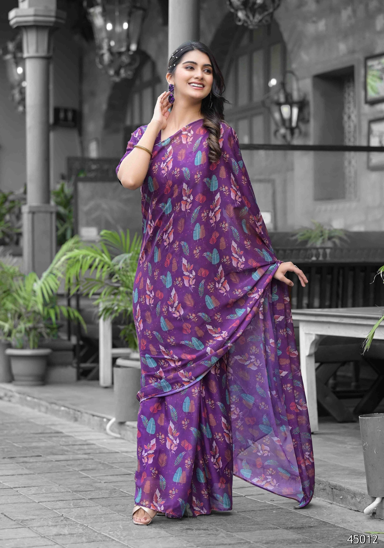 Purple Botanical Digital Georgette Saree Gown