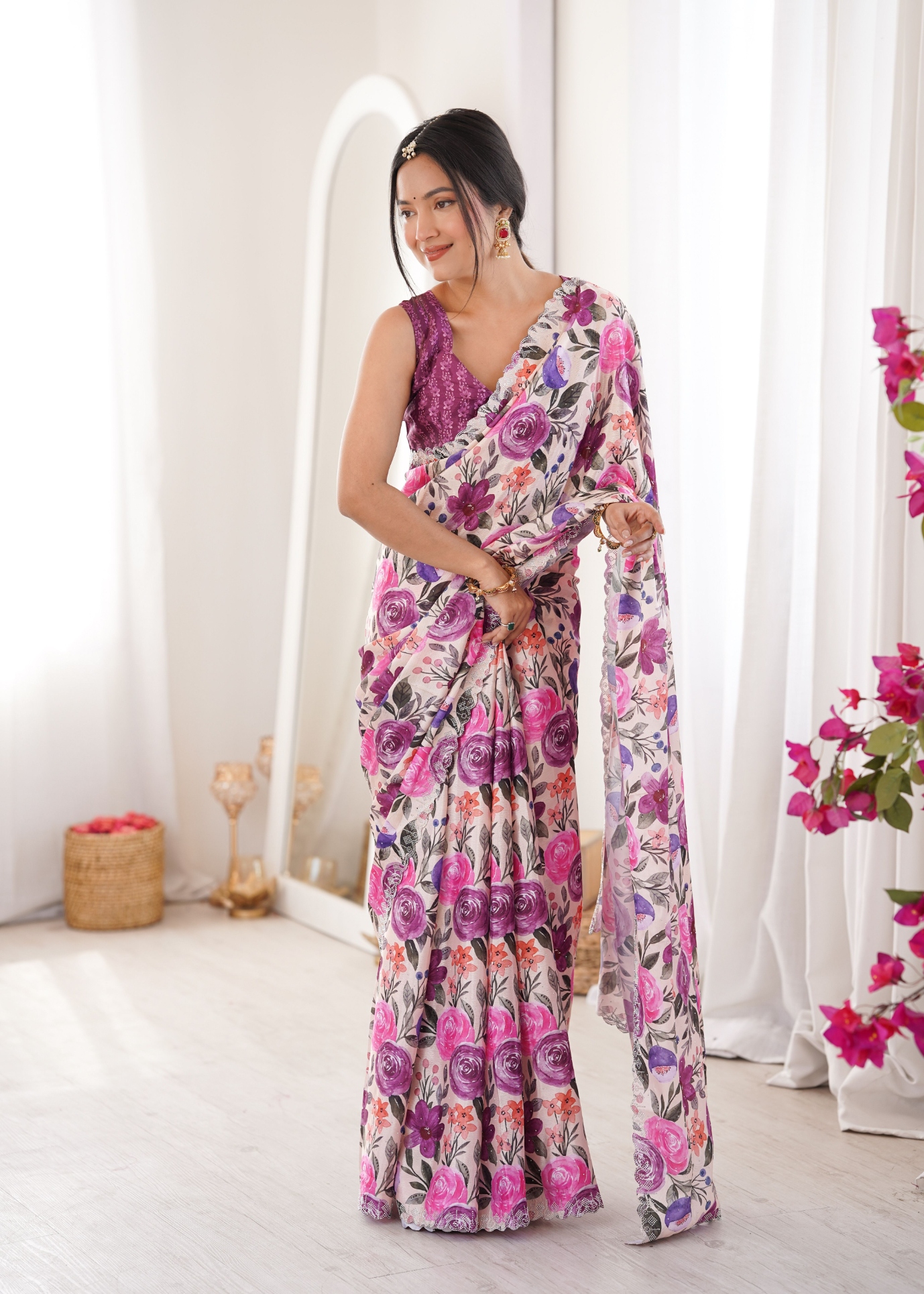 Purple Botanical Digital Printed Chinon Saree