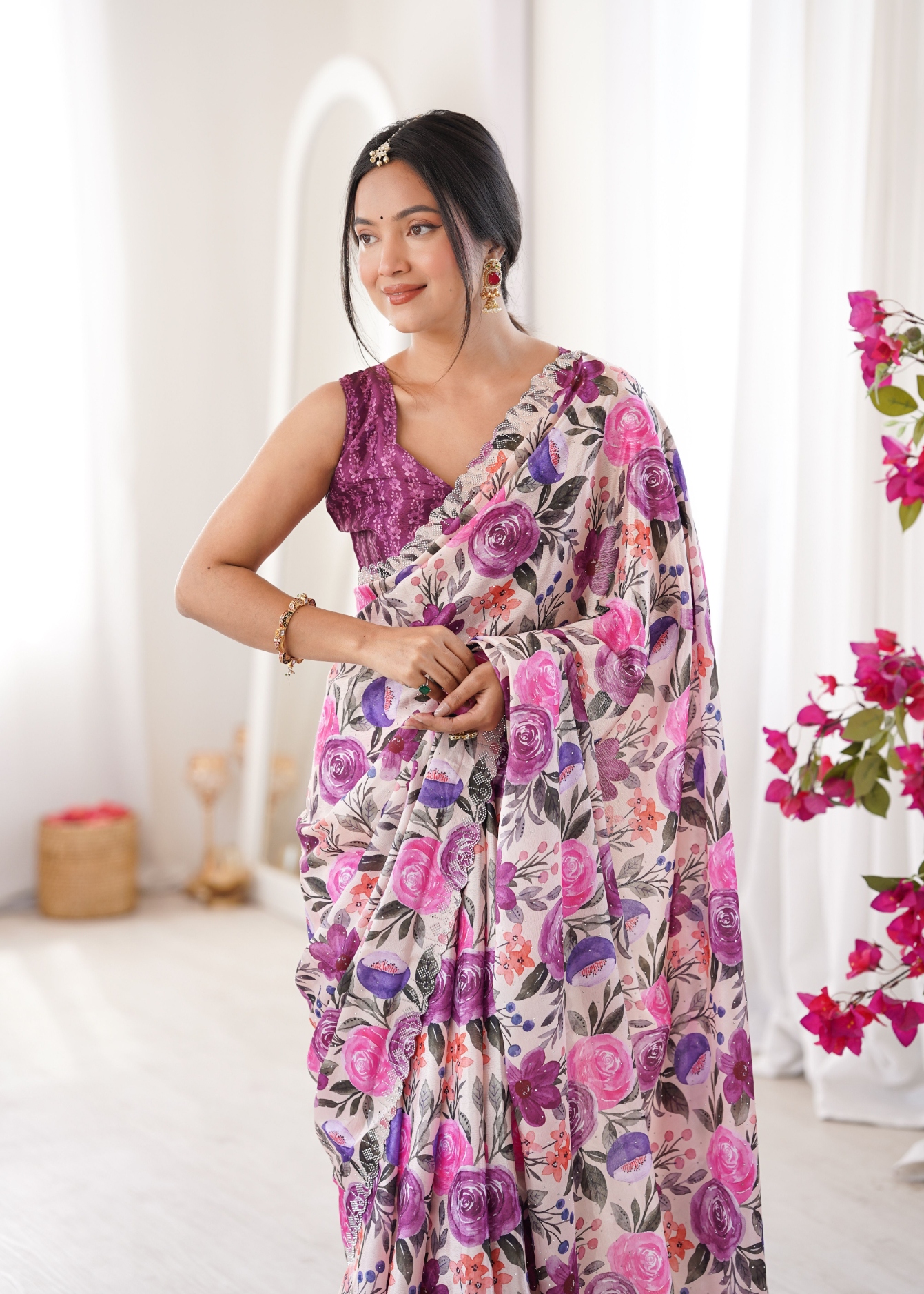 Purple Botanical Digital Printed Chinon Saree