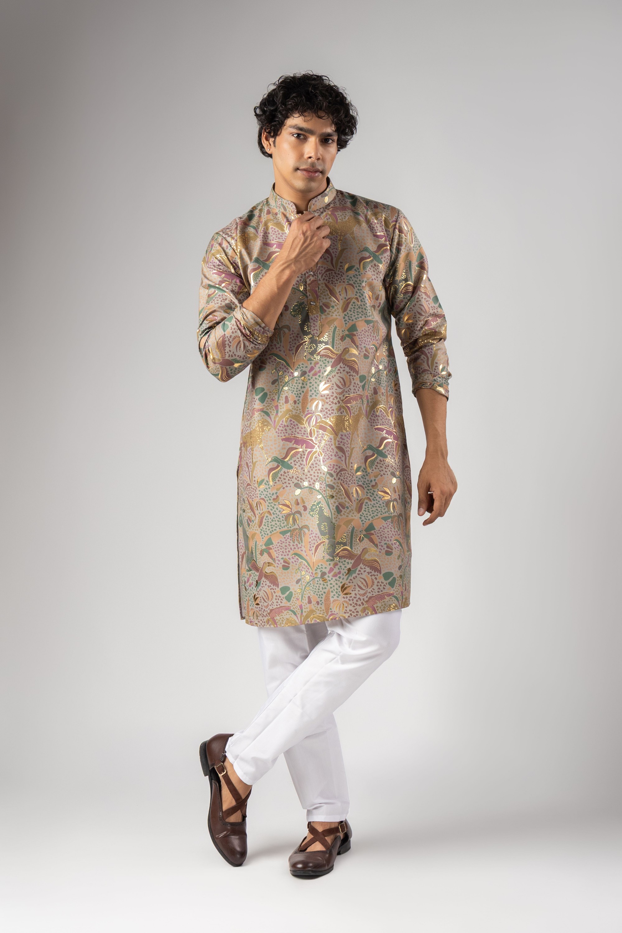 Purple Botanical Foil Print Magnet Kurta Pyjama