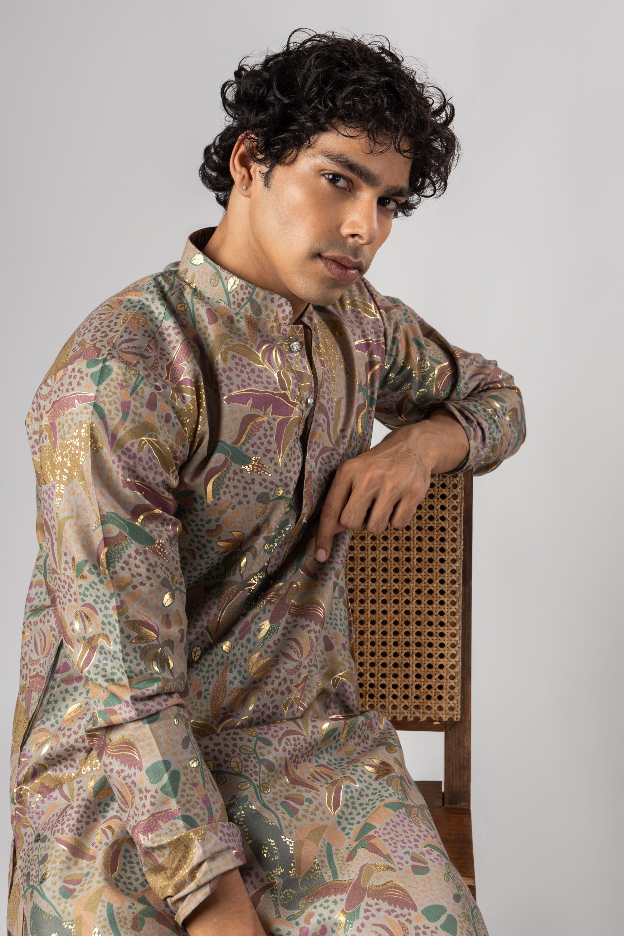 Purple Botanical Foil Print Magnet Kurta Pyjama