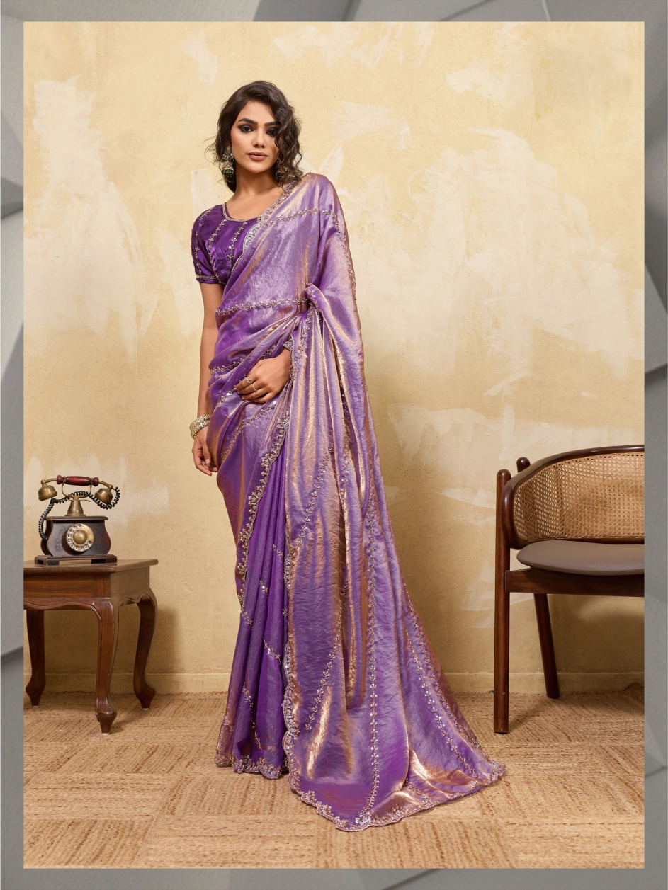 Purple Botanical Zari Metallic Velvet Satin Saree