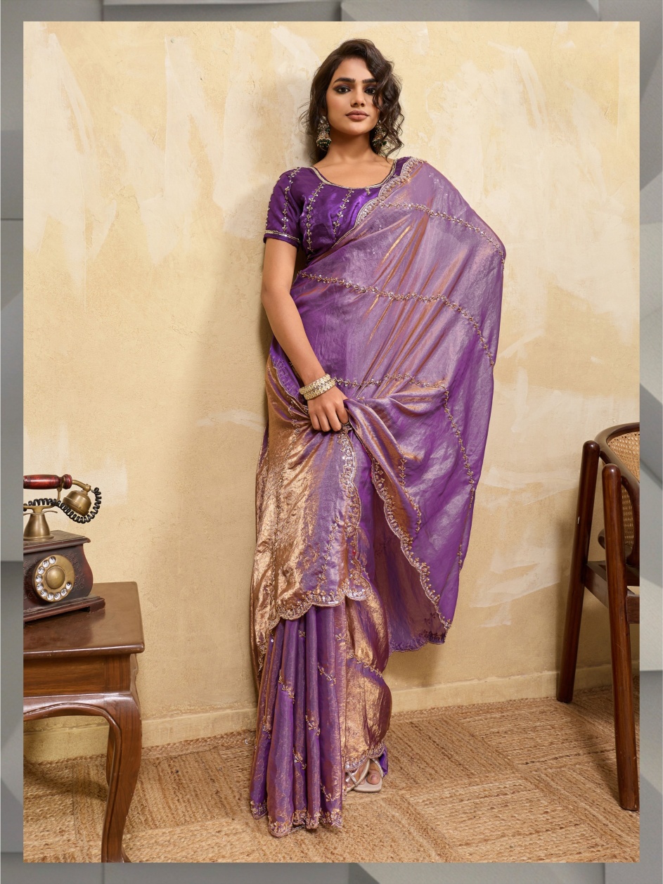 Purple Botanical Zari Metallic Velvet Satin Saree — alternate view