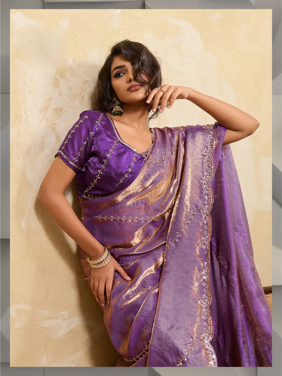Purple Botanical Zari Metallic Velvet Satin Saree