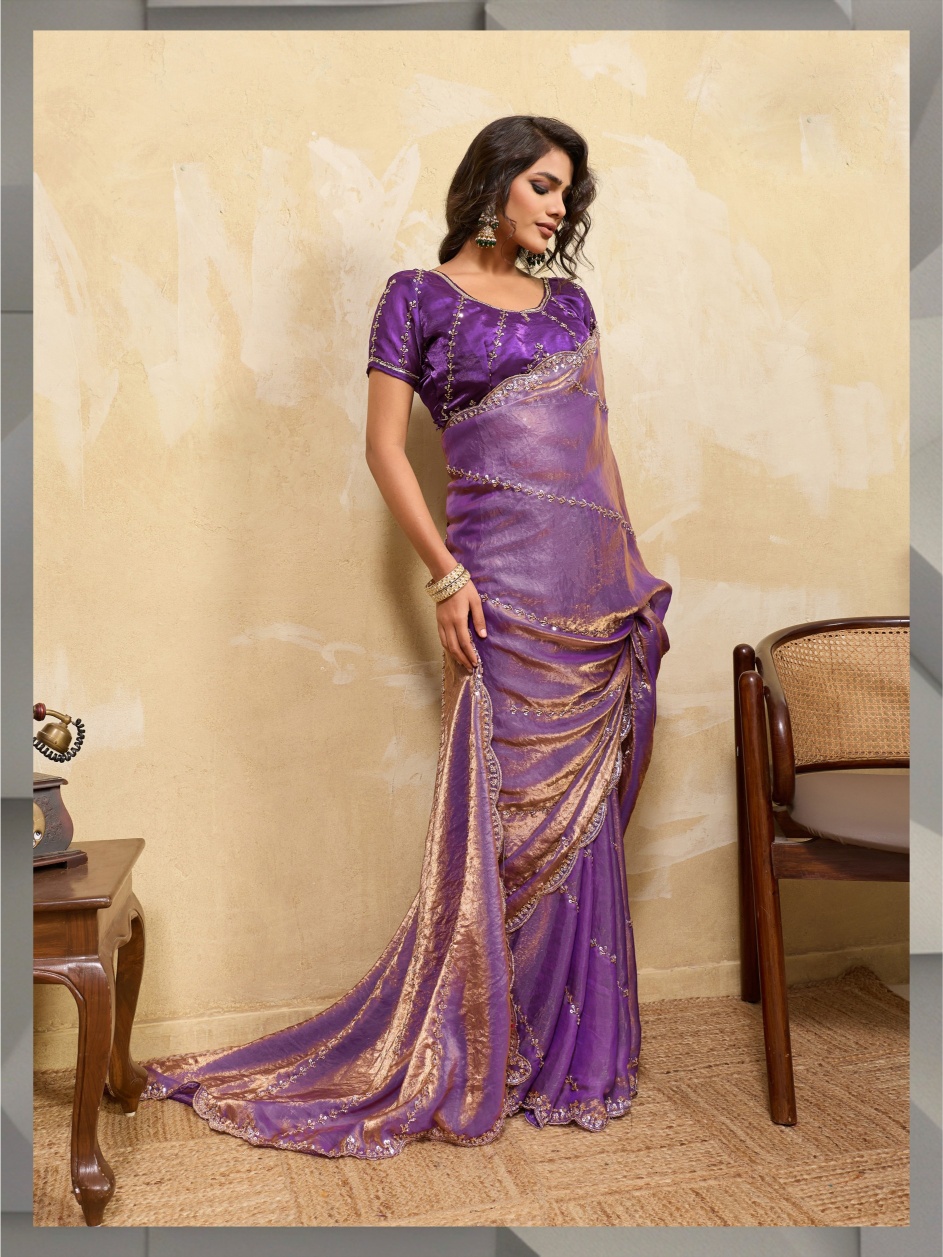 Purple Botanical Zari Metallic Velvet Satin Saree
