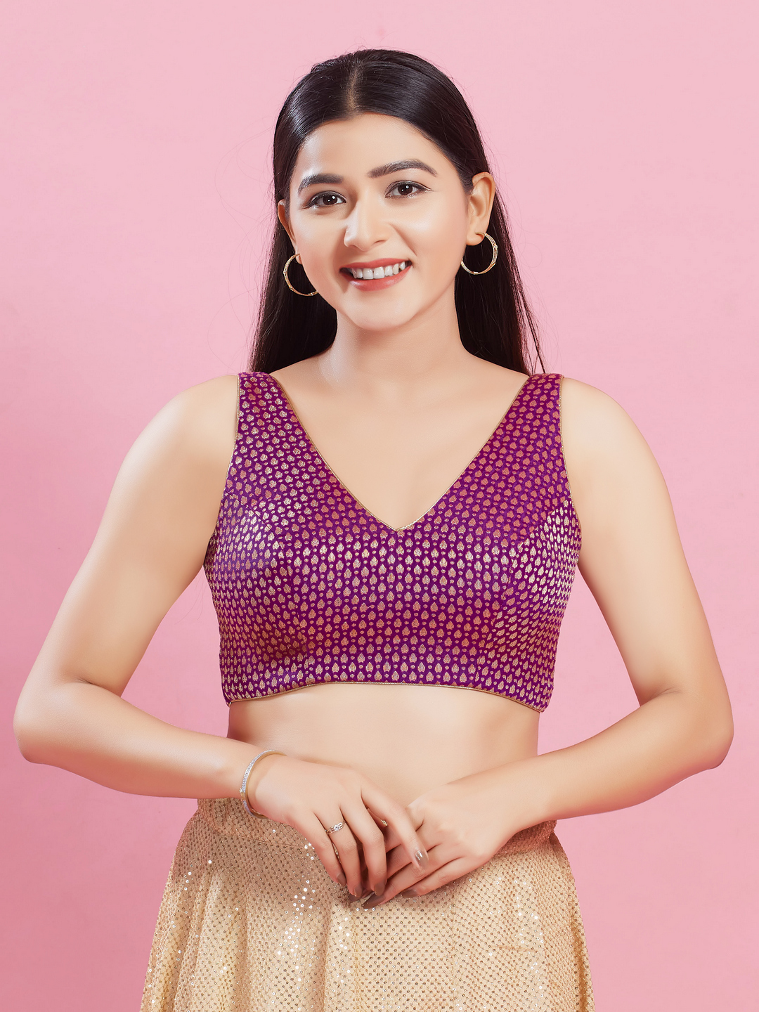 Purple Brocade Sleeveless Zari Woven Blouse