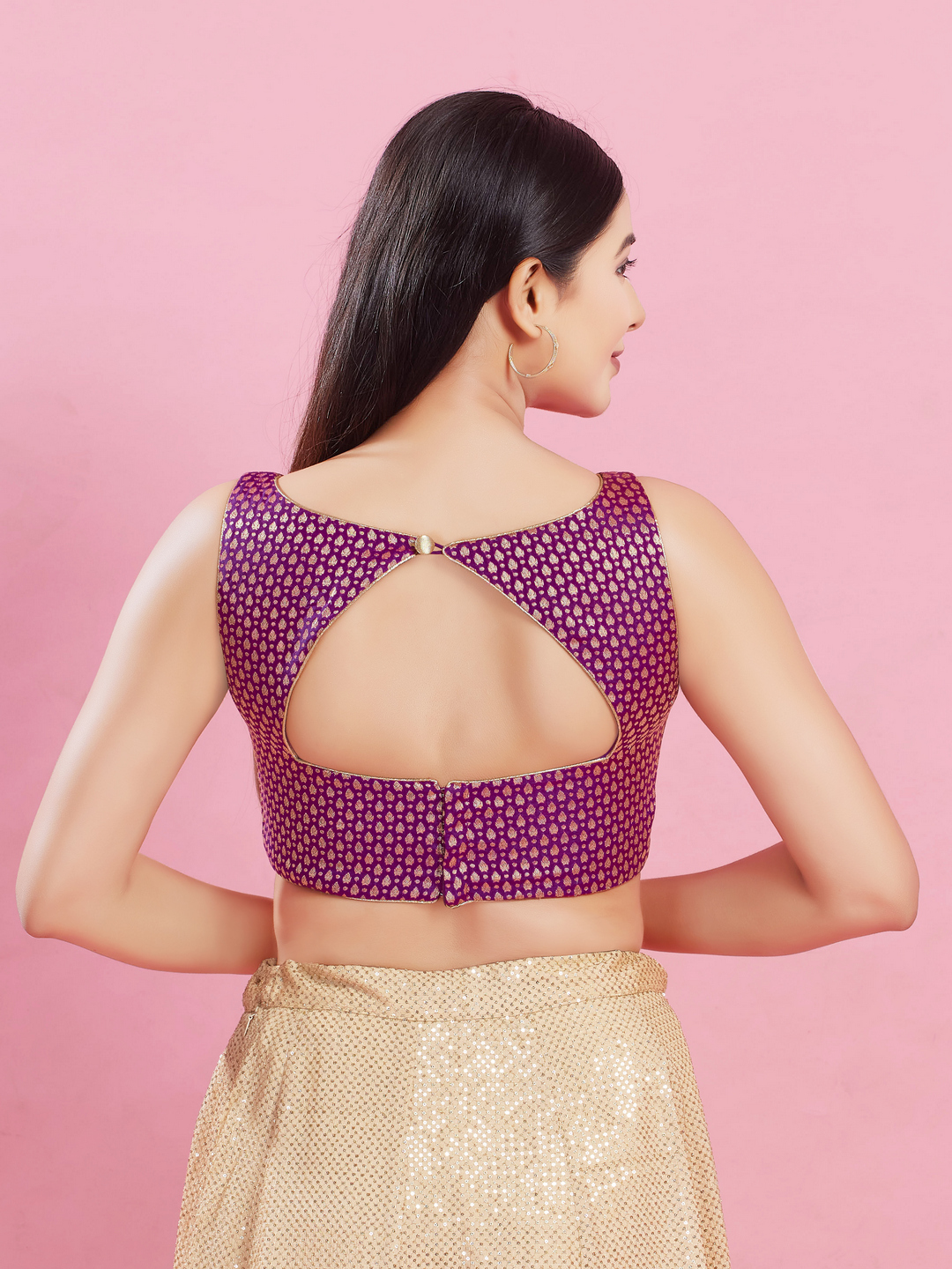 Purple Brocade Sleeveless Zari Woven Blouse — alternate view