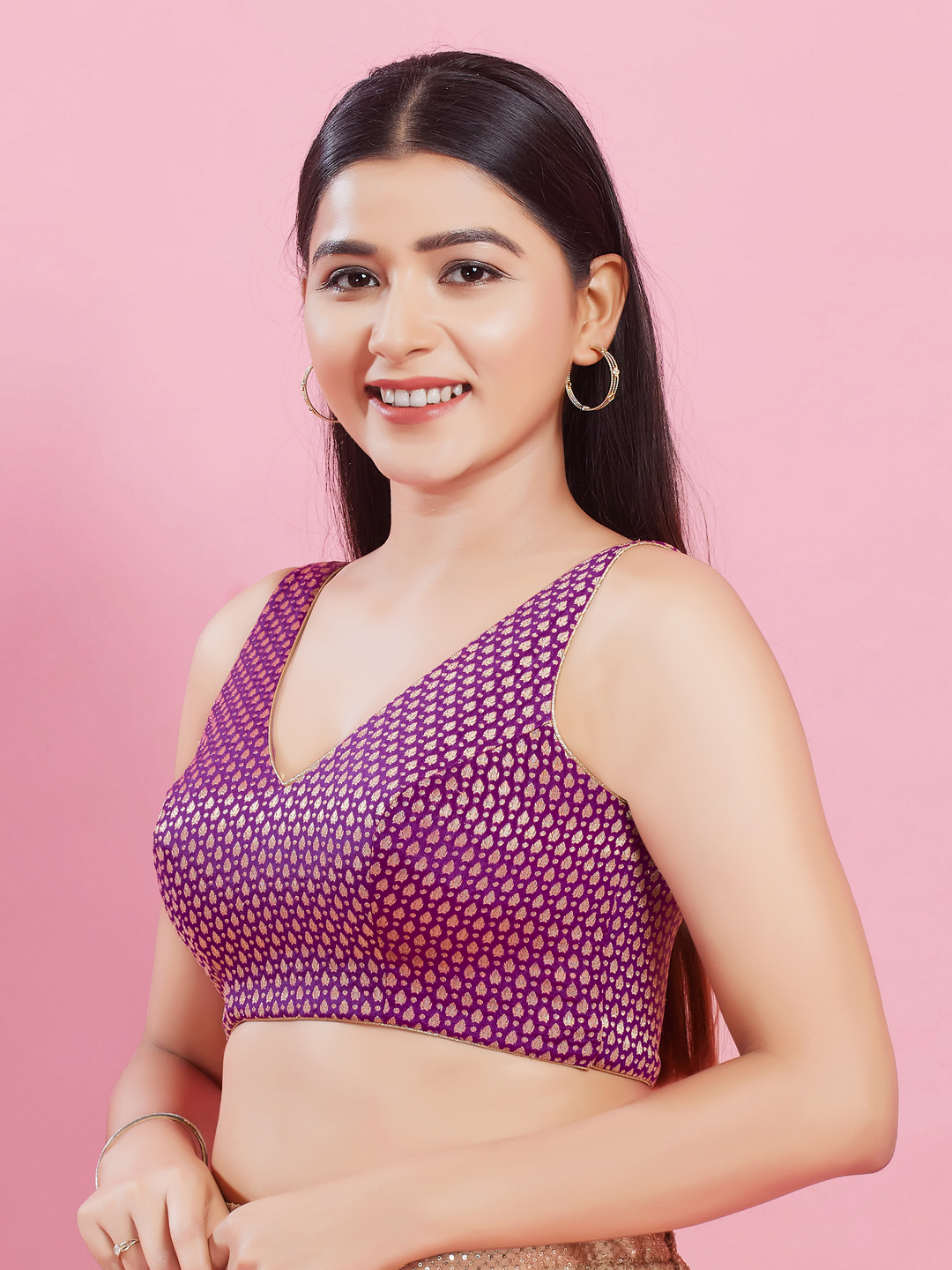 Purple Brocade Sleeveless Zari Woven Blouse
