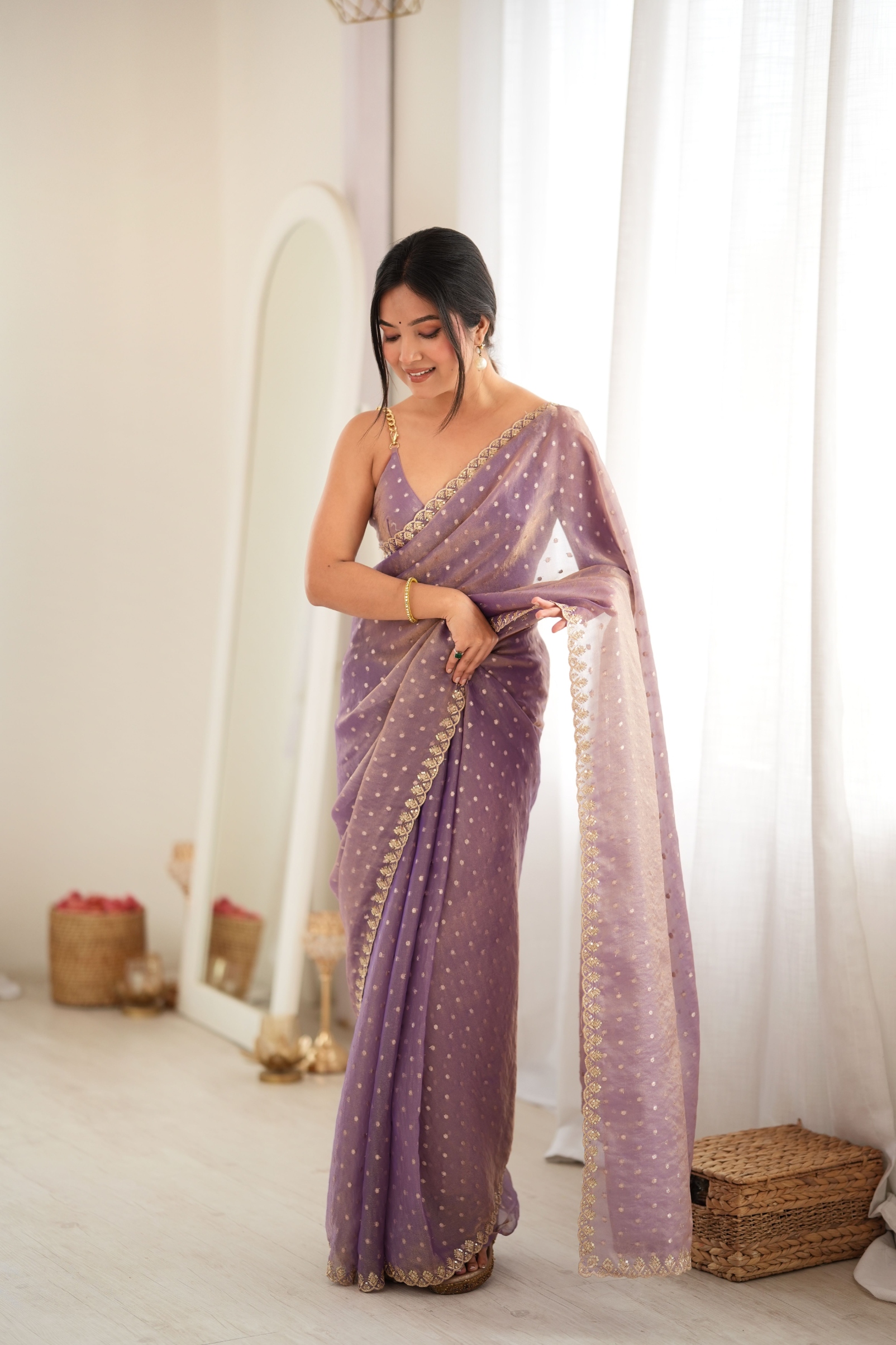 Purple Butti Embroidery Moss Butti Saree