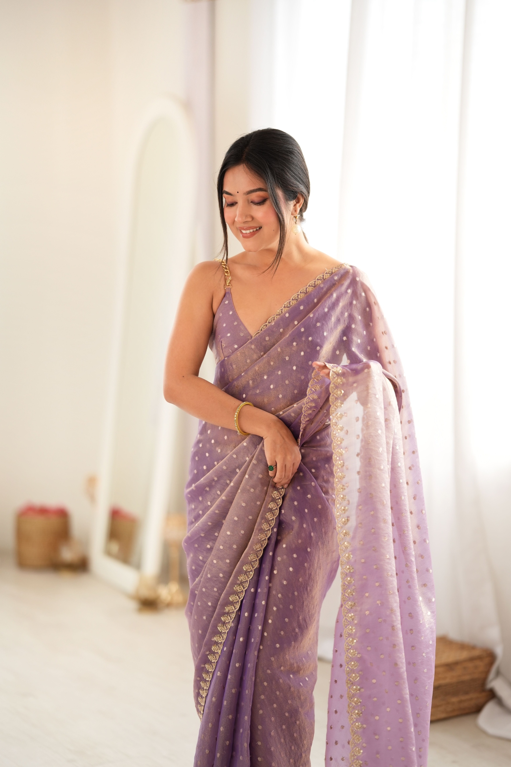 Purple Butti Embroidery Moss Butti Saree