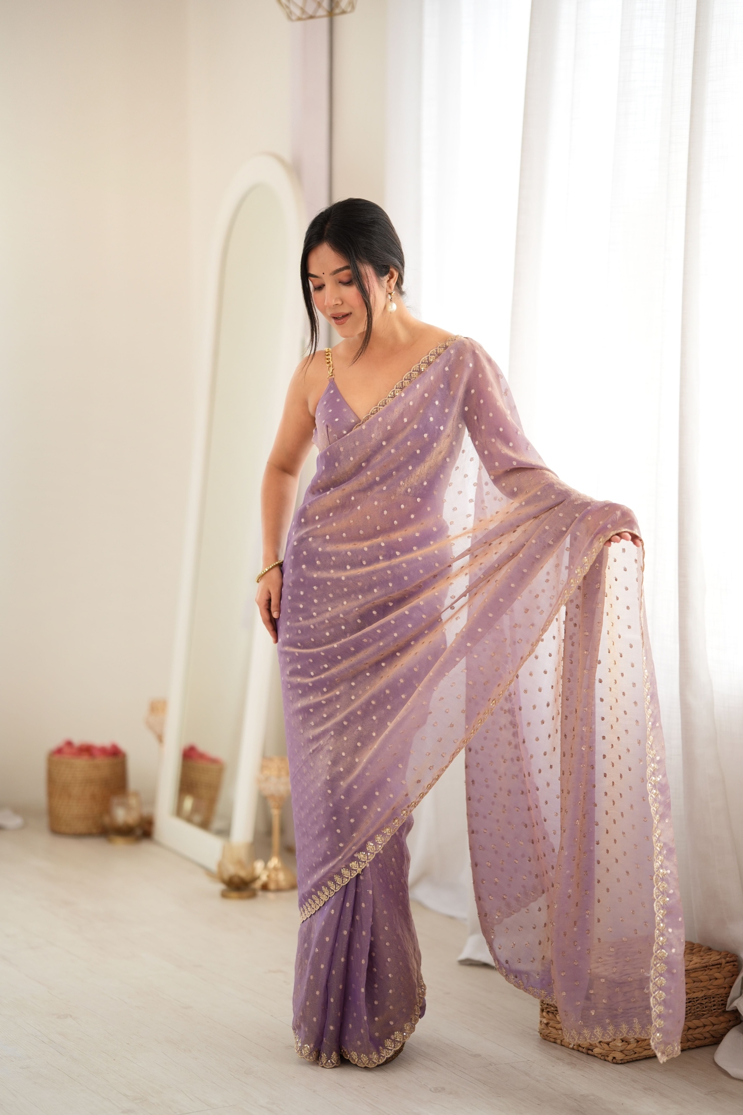 Purple Butti Embroidery Moss Butti Saree