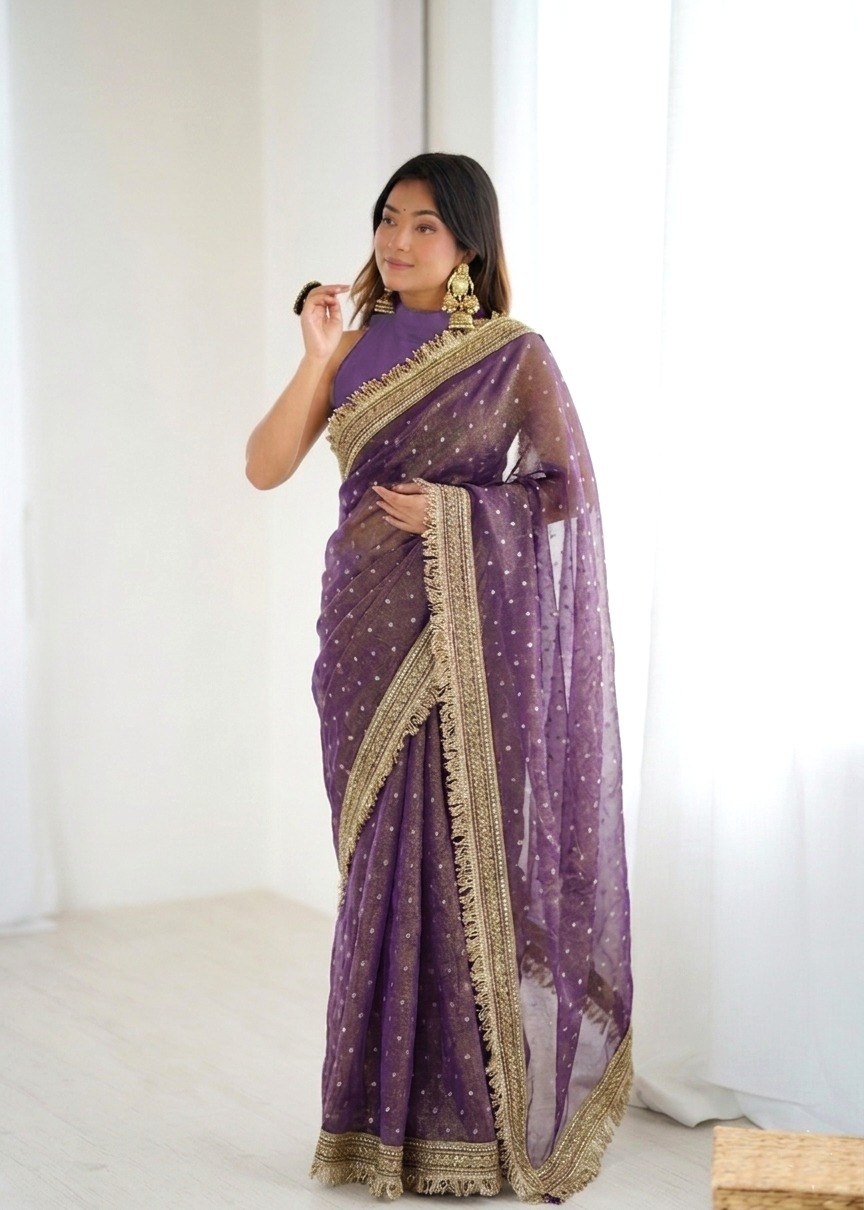 Purple Butti Lace Border Silk Saree