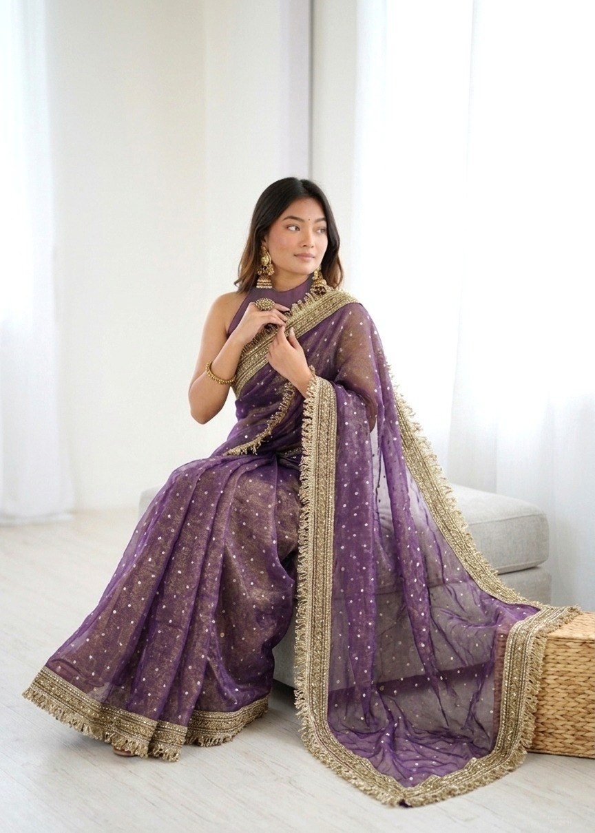 Purple Butti Lace Border Silk Saree — alternate view