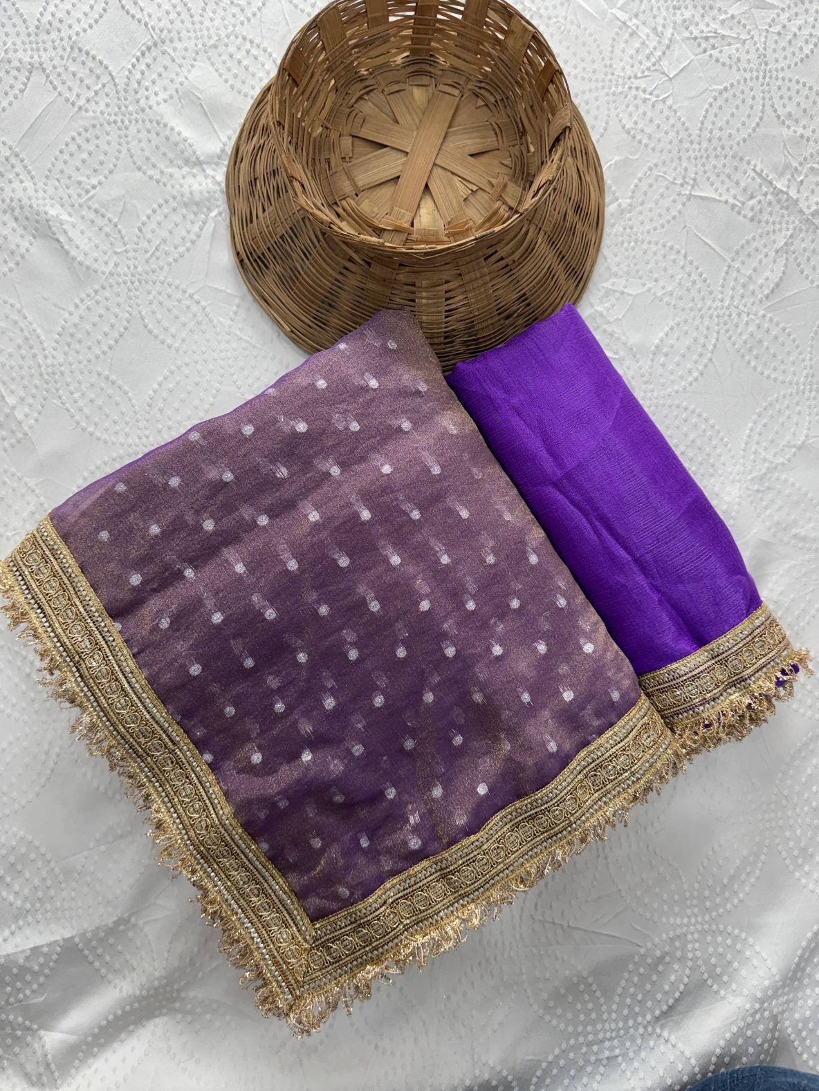 Purple Butti Lace Border Silk Saree