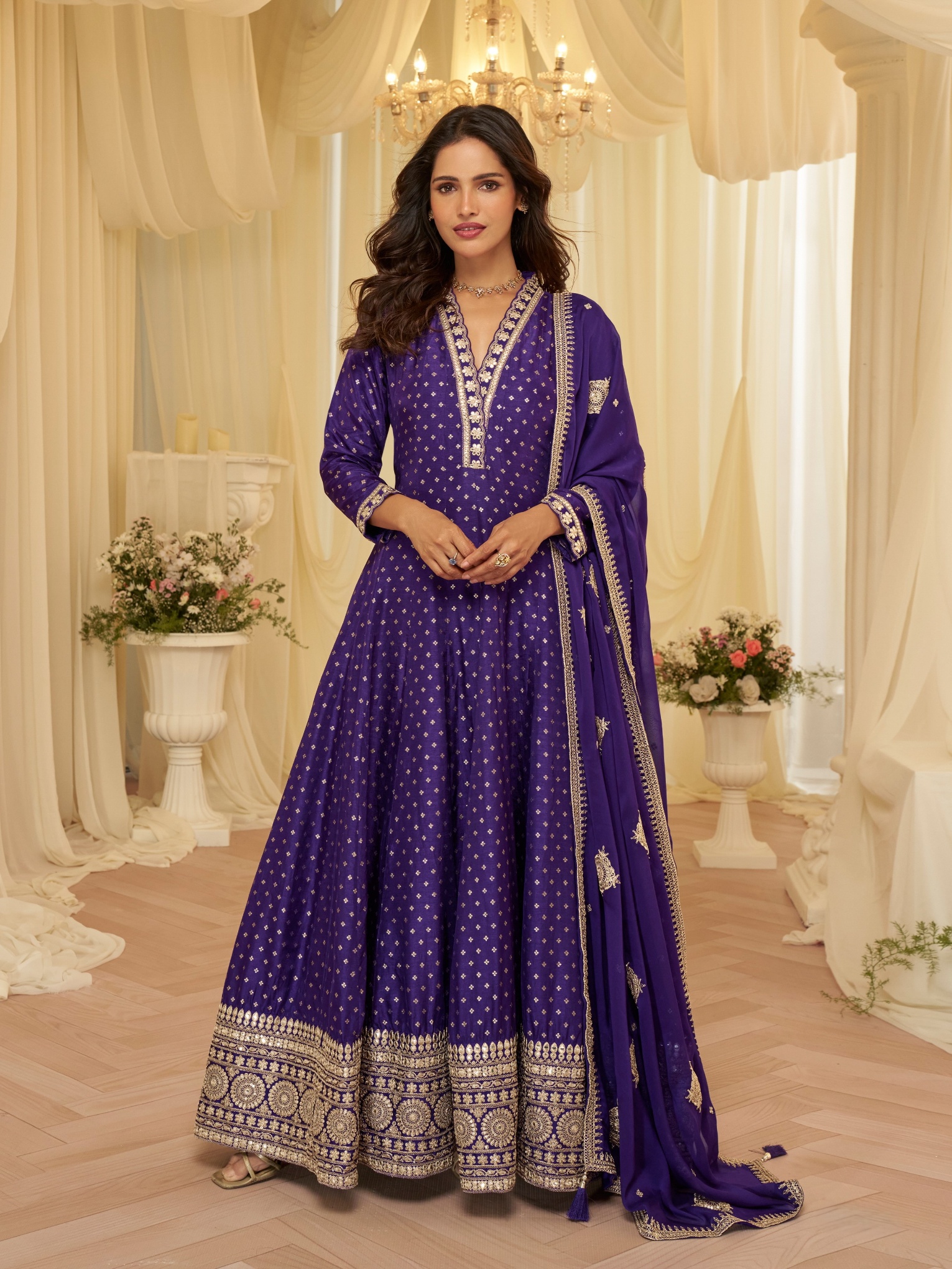 Purple Butti Zari Viscose Anarkali Gown