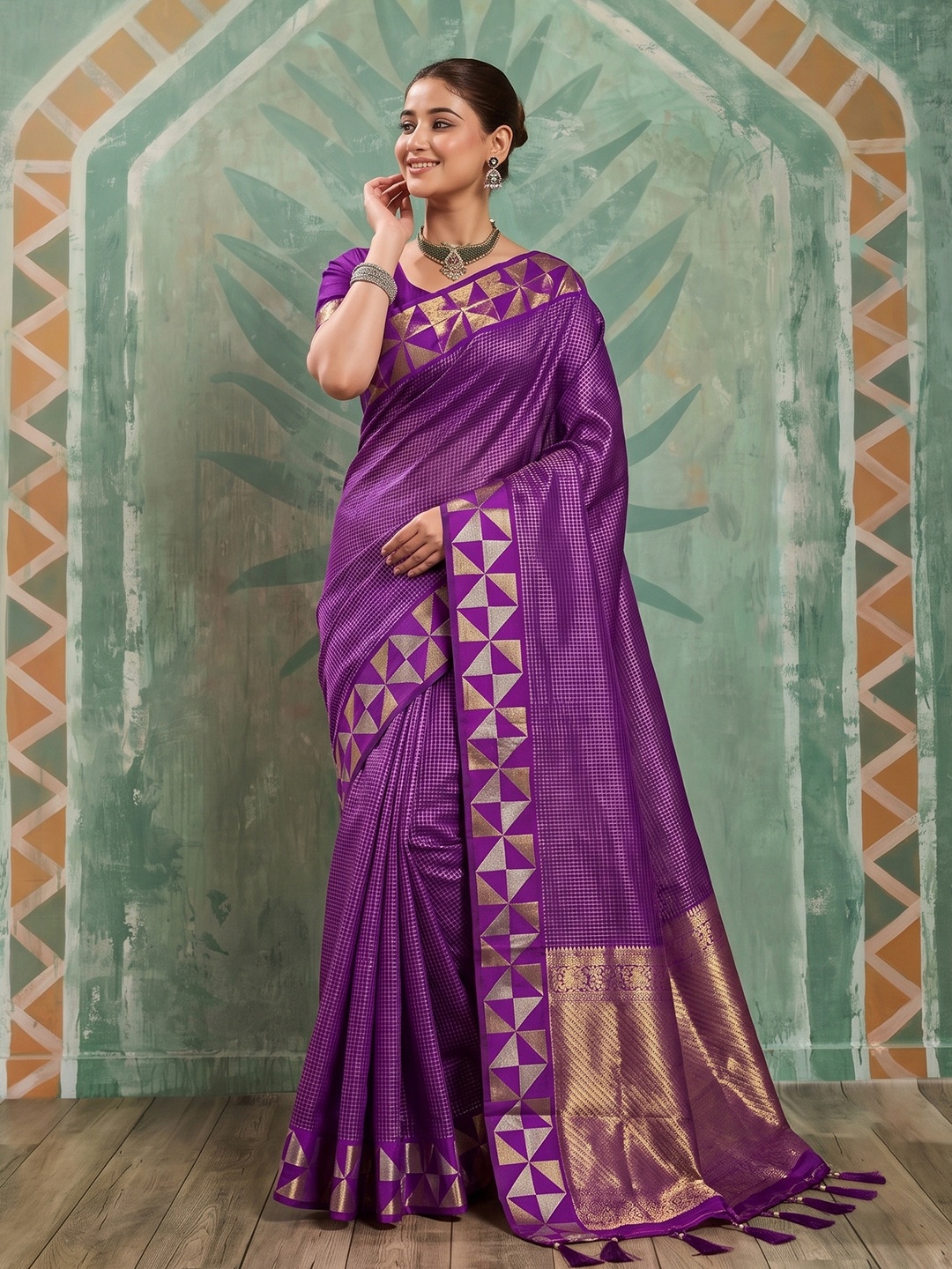 Purple Checked Zari Art Silk Saree
