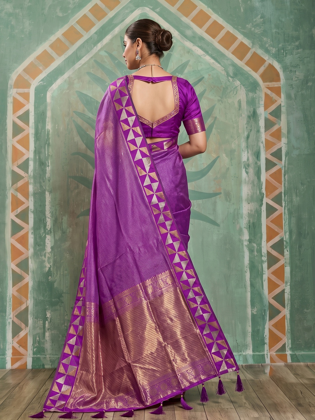 Purple Checked Zari Art Silk Saree — alternate view