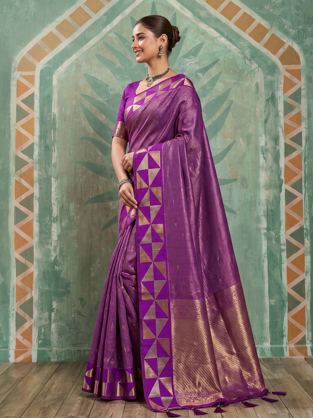 Purple Checked Zari Art Silk Saree