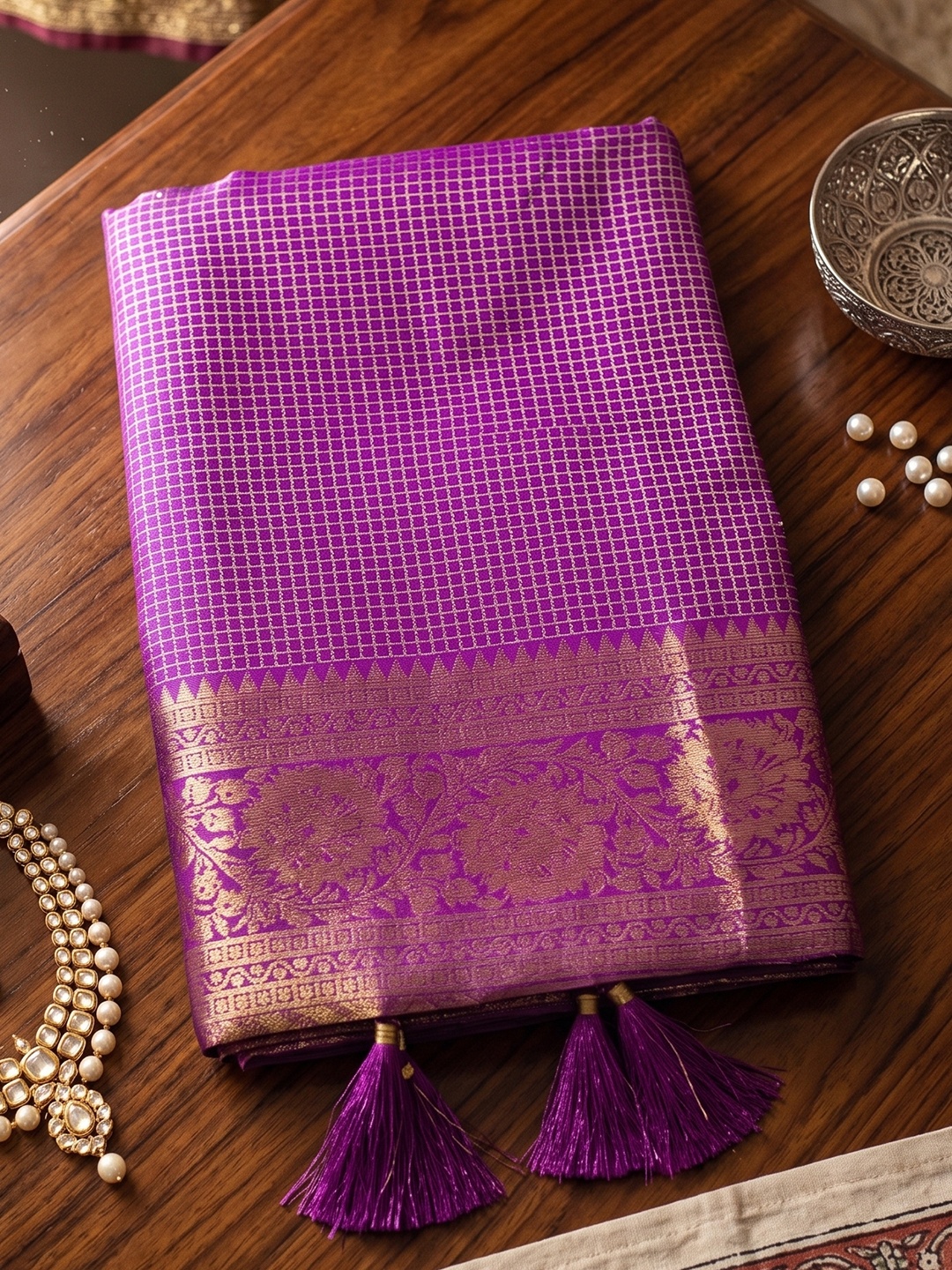 Purple Checked Zari Art Silk Saree