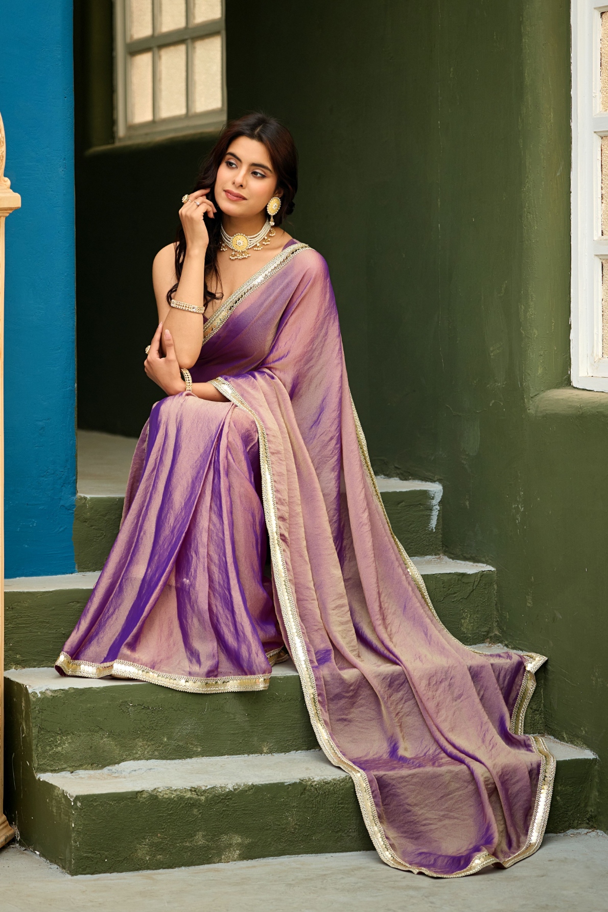 Purple Chiffon Lace Border Ready To Wear Saree