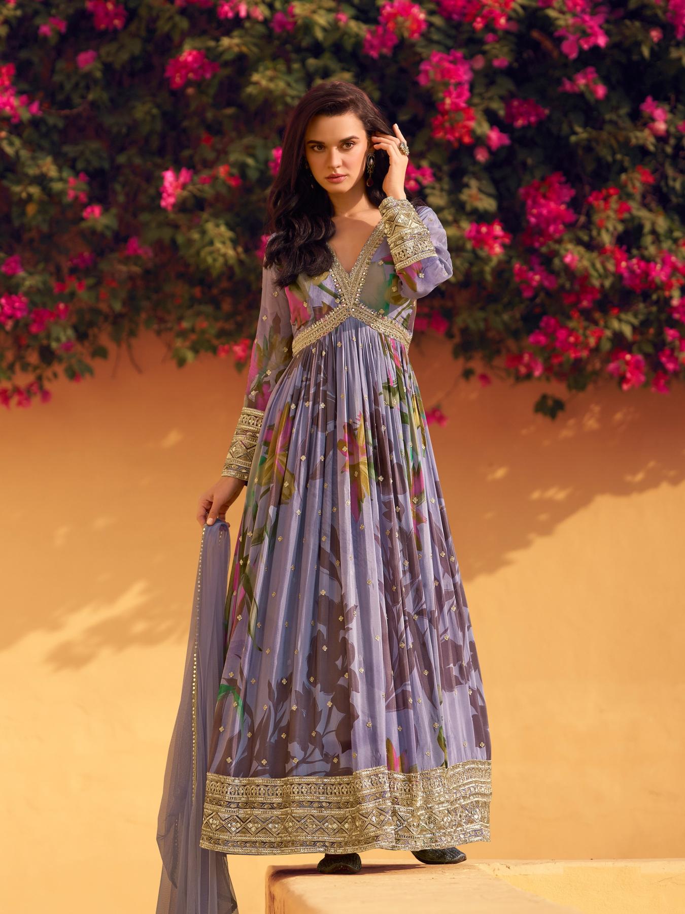 Purple Chinnon Anarkali Suit