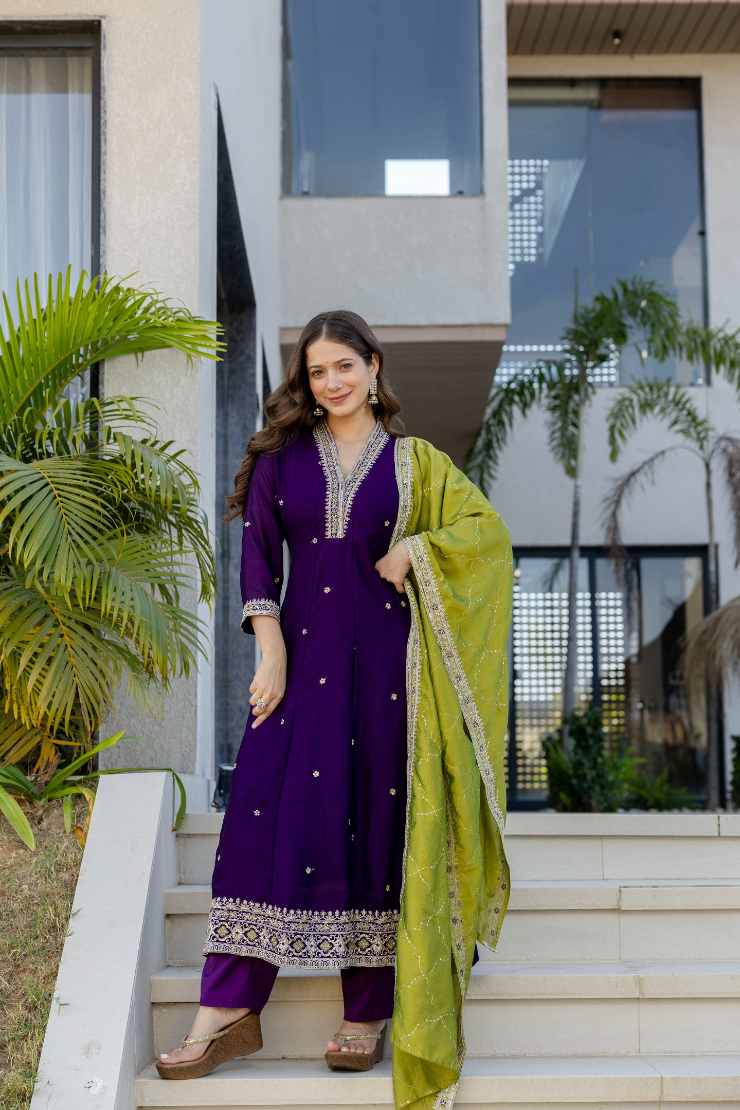 Purple Chinon Floral Printed Straight Kurta Set