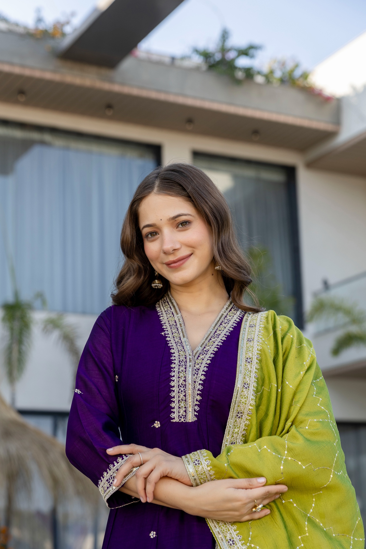 Purple Chinon Floral Printed Straight Kurta Set