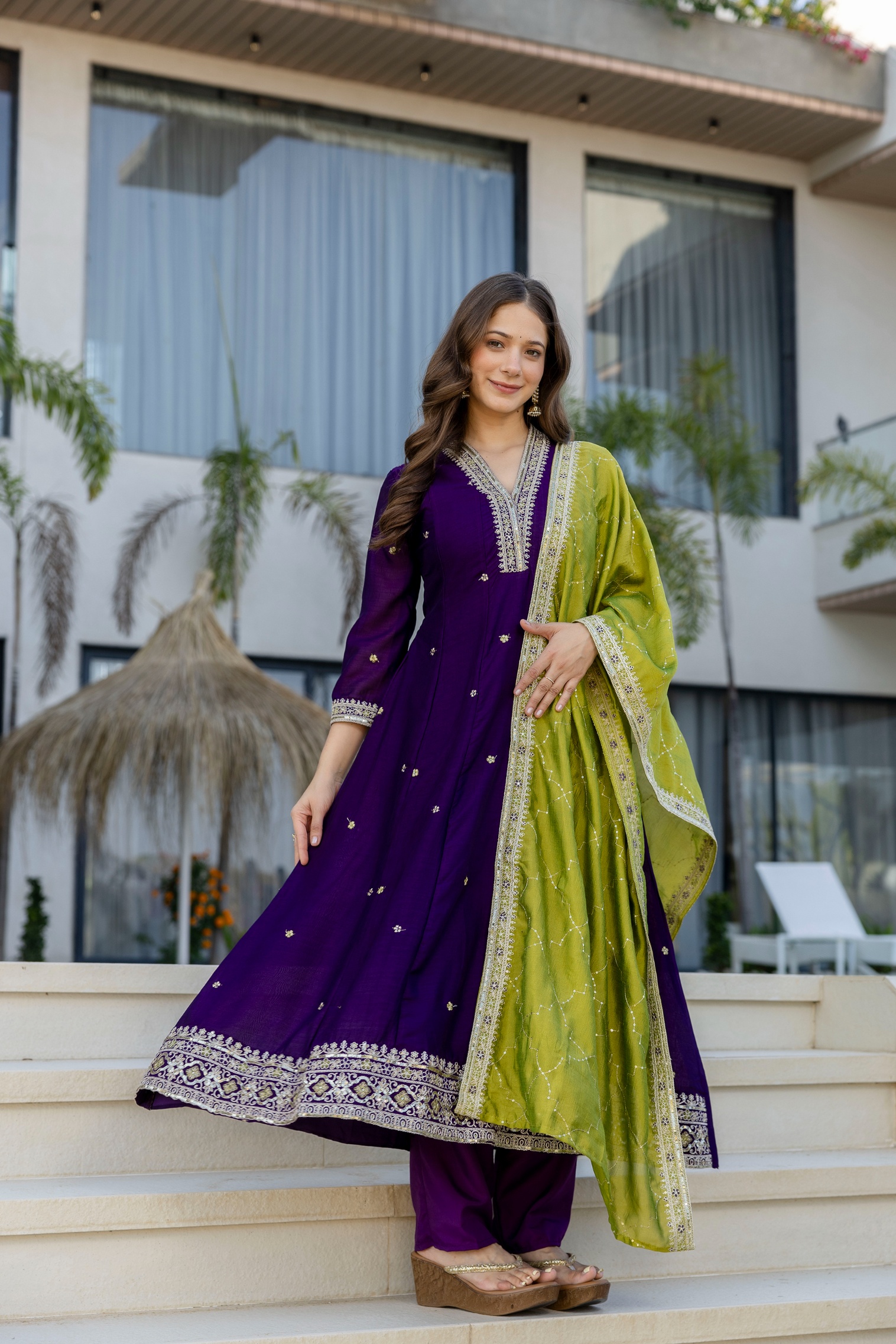 Purple Chinon Floral Printed Straight Kurta Set