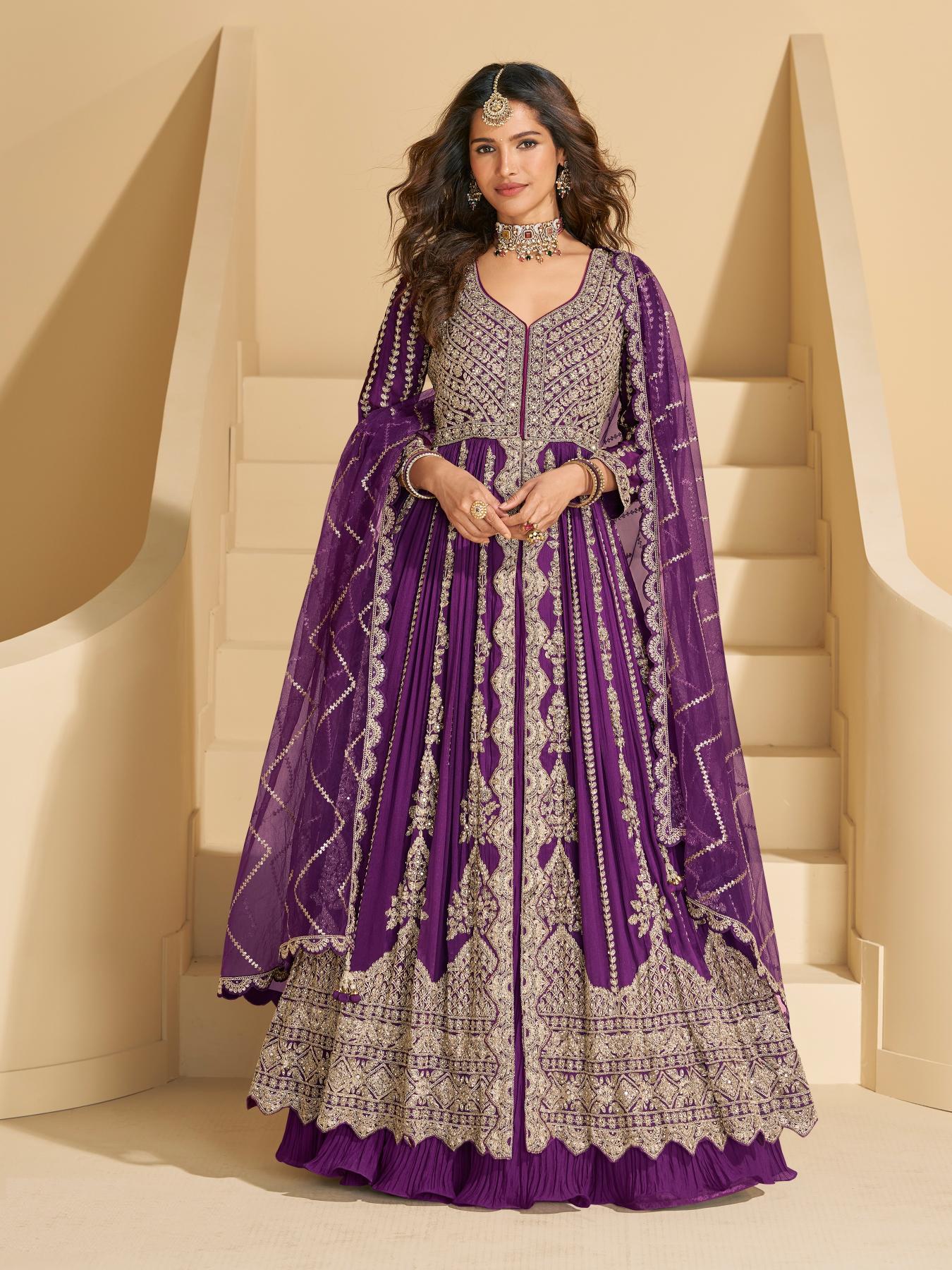 Purple Chinon Heavy Embroidered Anarkali Suit