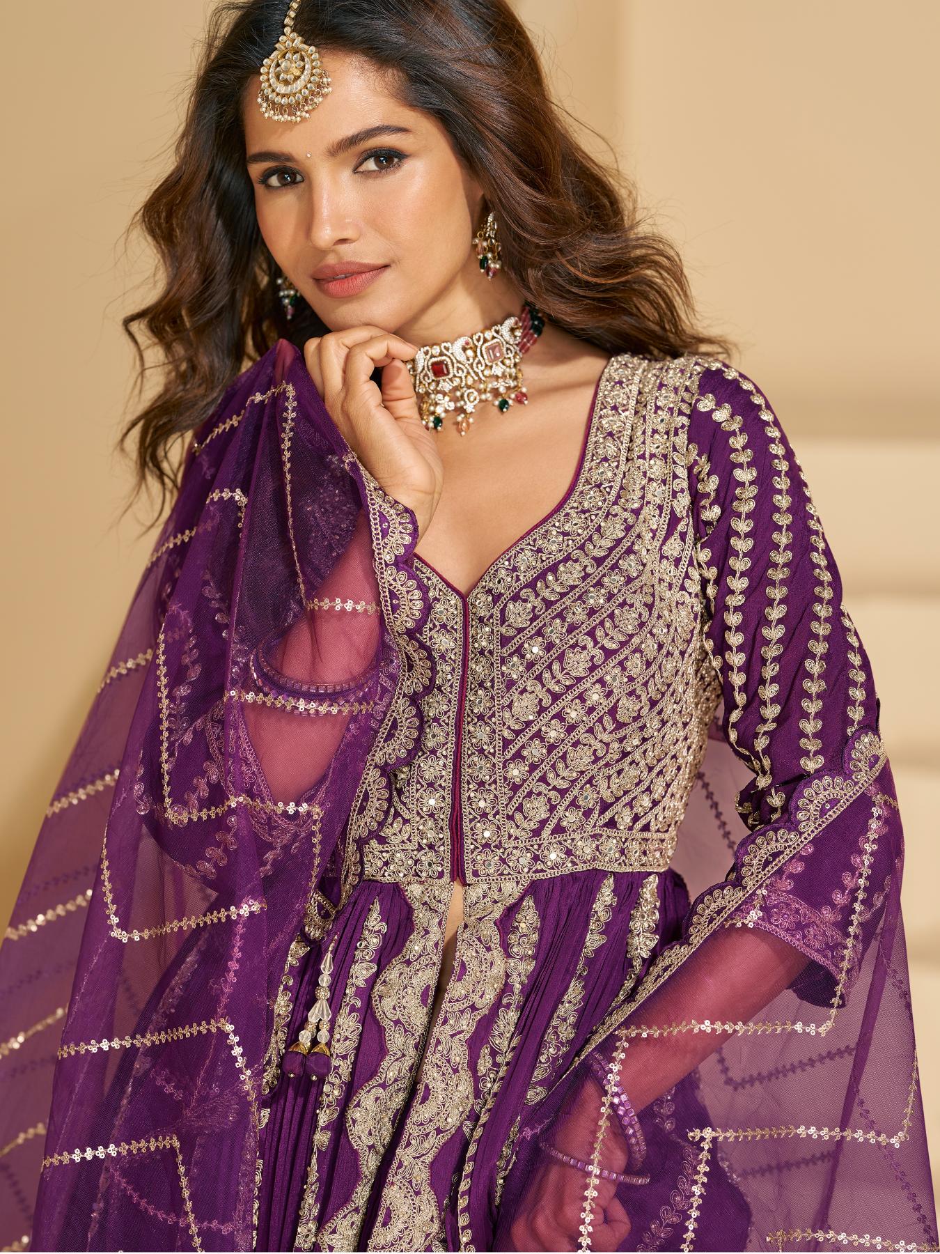 Purple Chinon Heavy Embroidered Anarkali Suit — alternate view