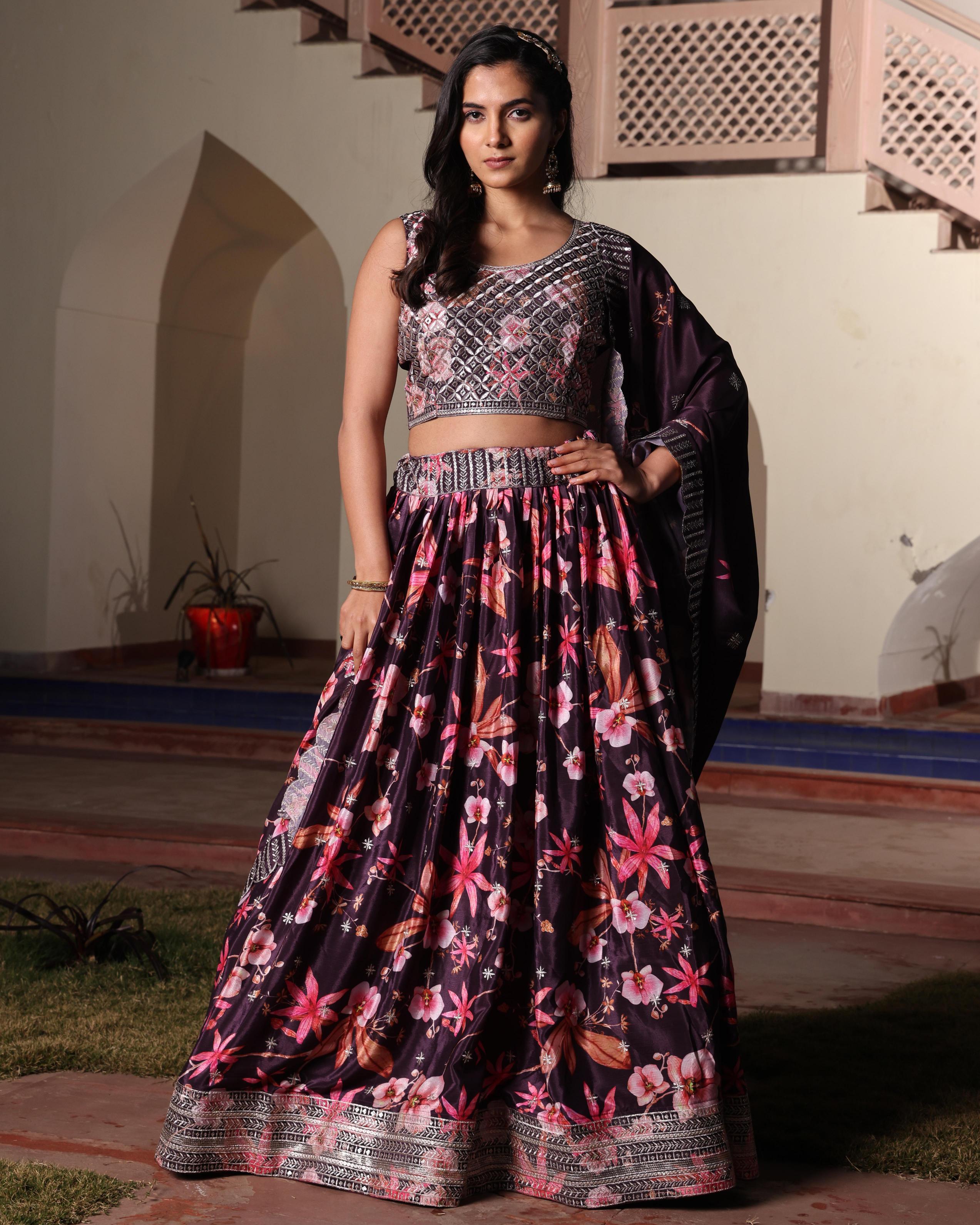 Purple Chinon Lehenga Choli