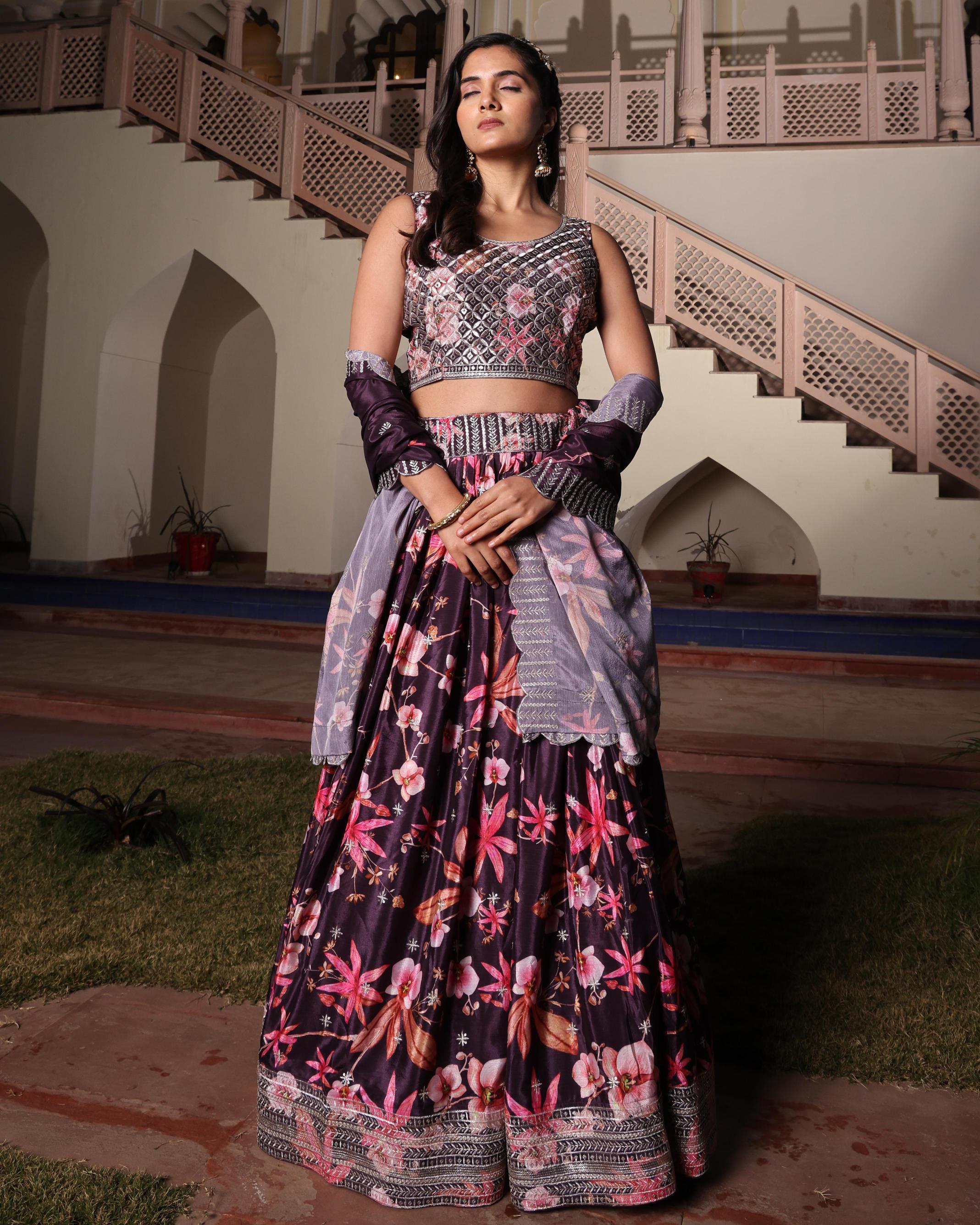 Purple Chinon Lehenga Choli