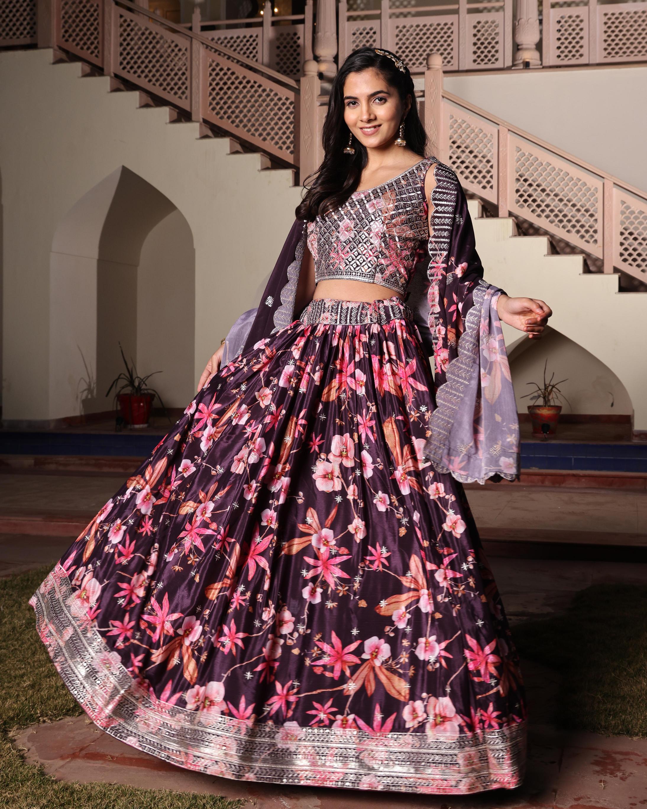 Purple Chinon Lehenga Choli