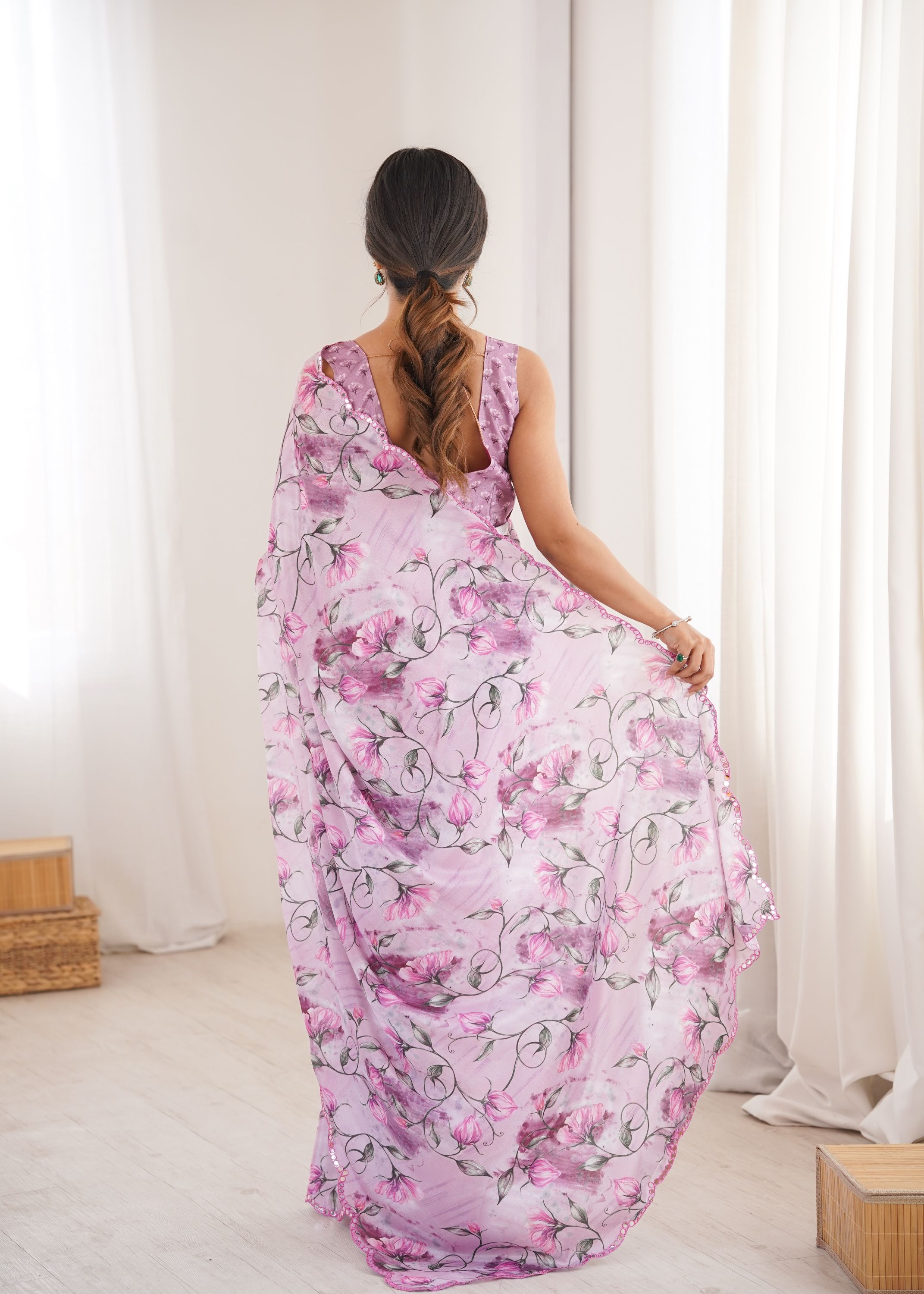 Purple Chinon Printed Mirror Work Saree — alternate view
