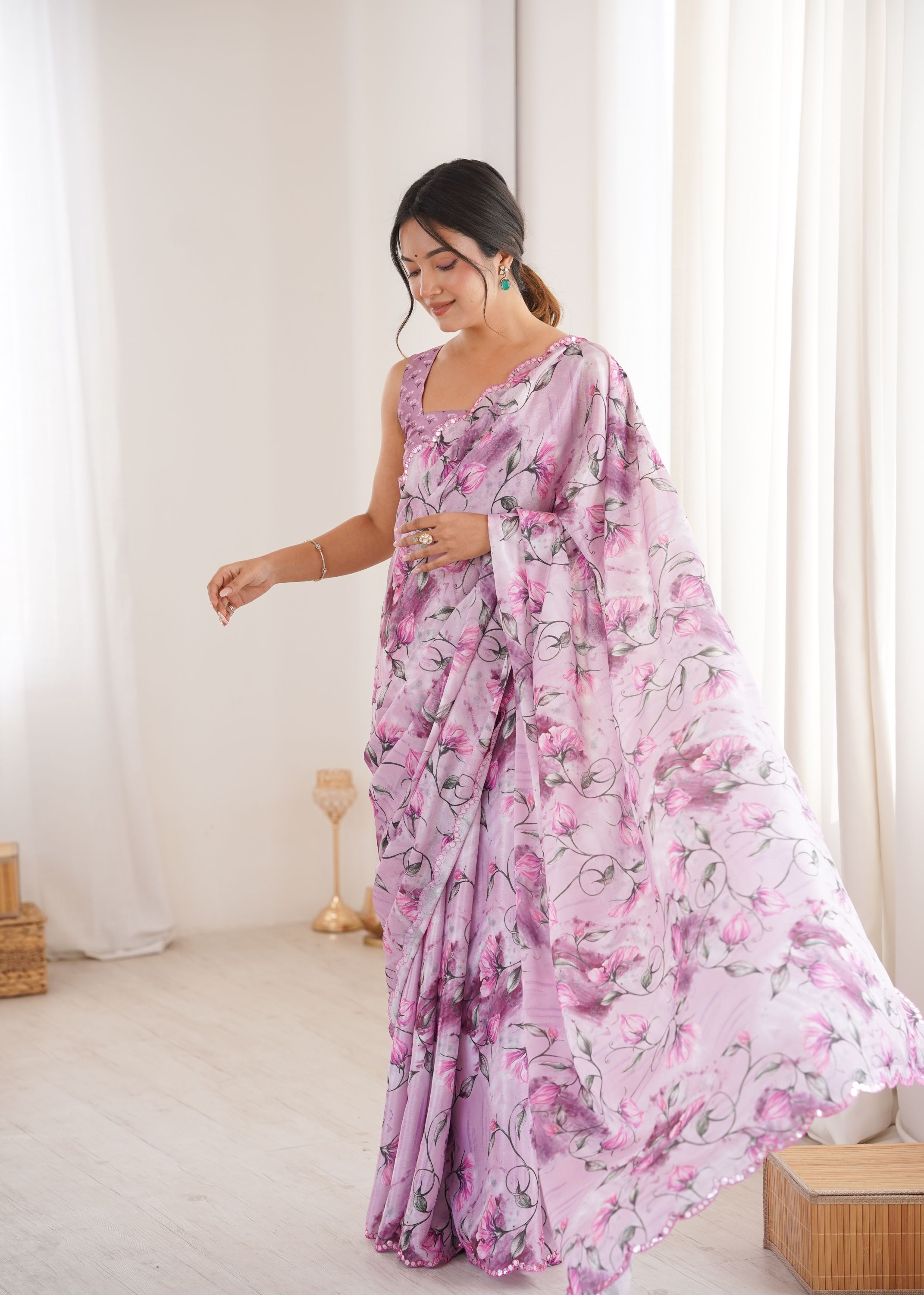 Purple Chinon Printed Mirror Work Saree