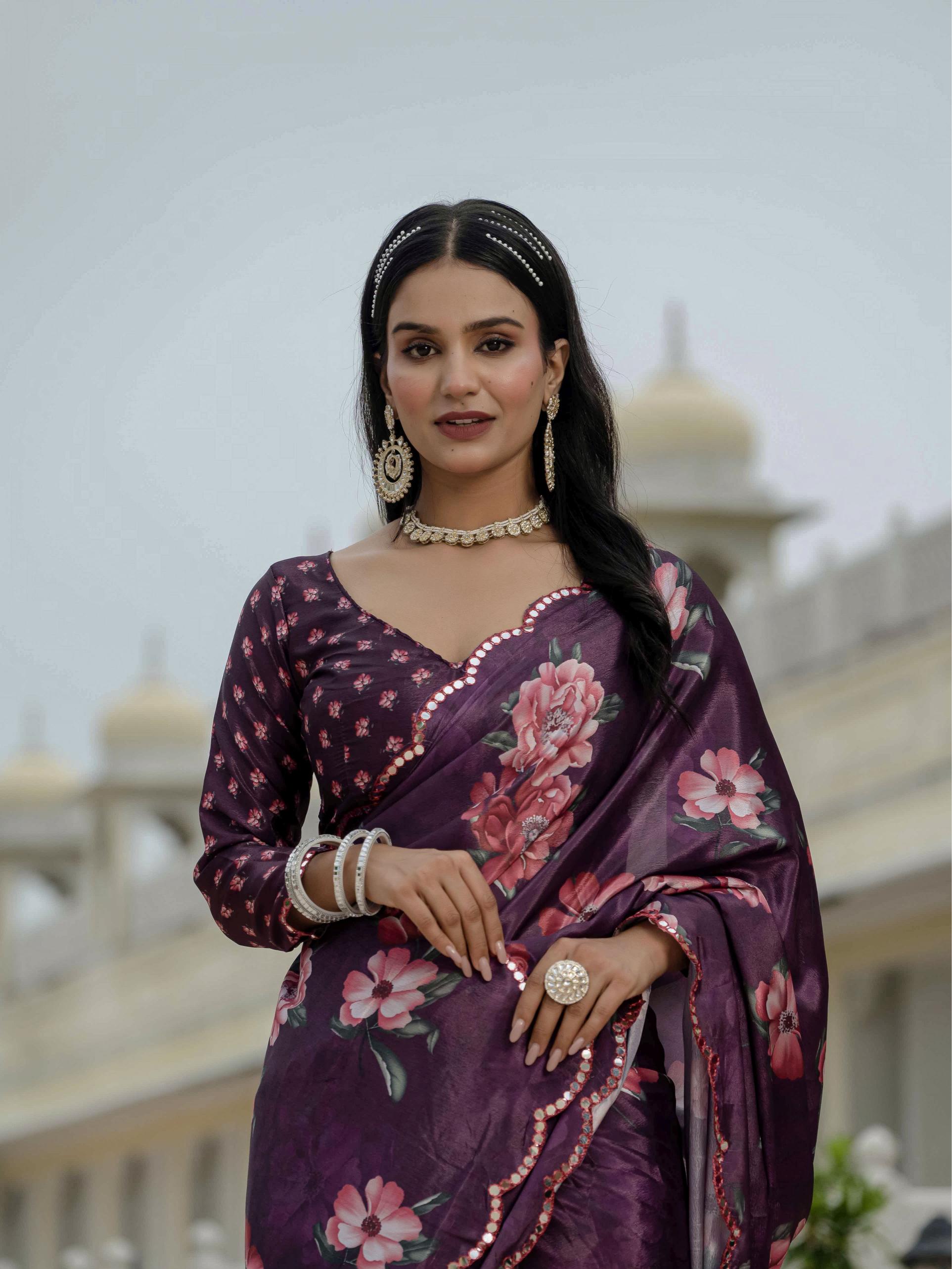 Purple Chinon Ready To Wear Saree