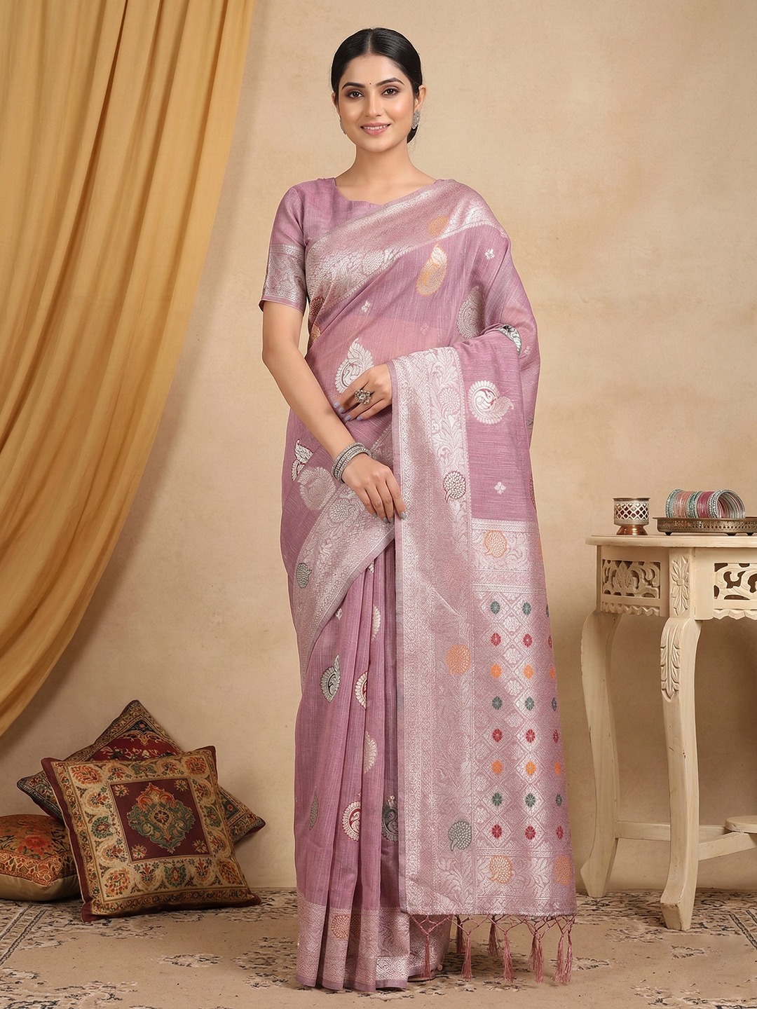 Purple Classic Woven Linen Cotton Saree