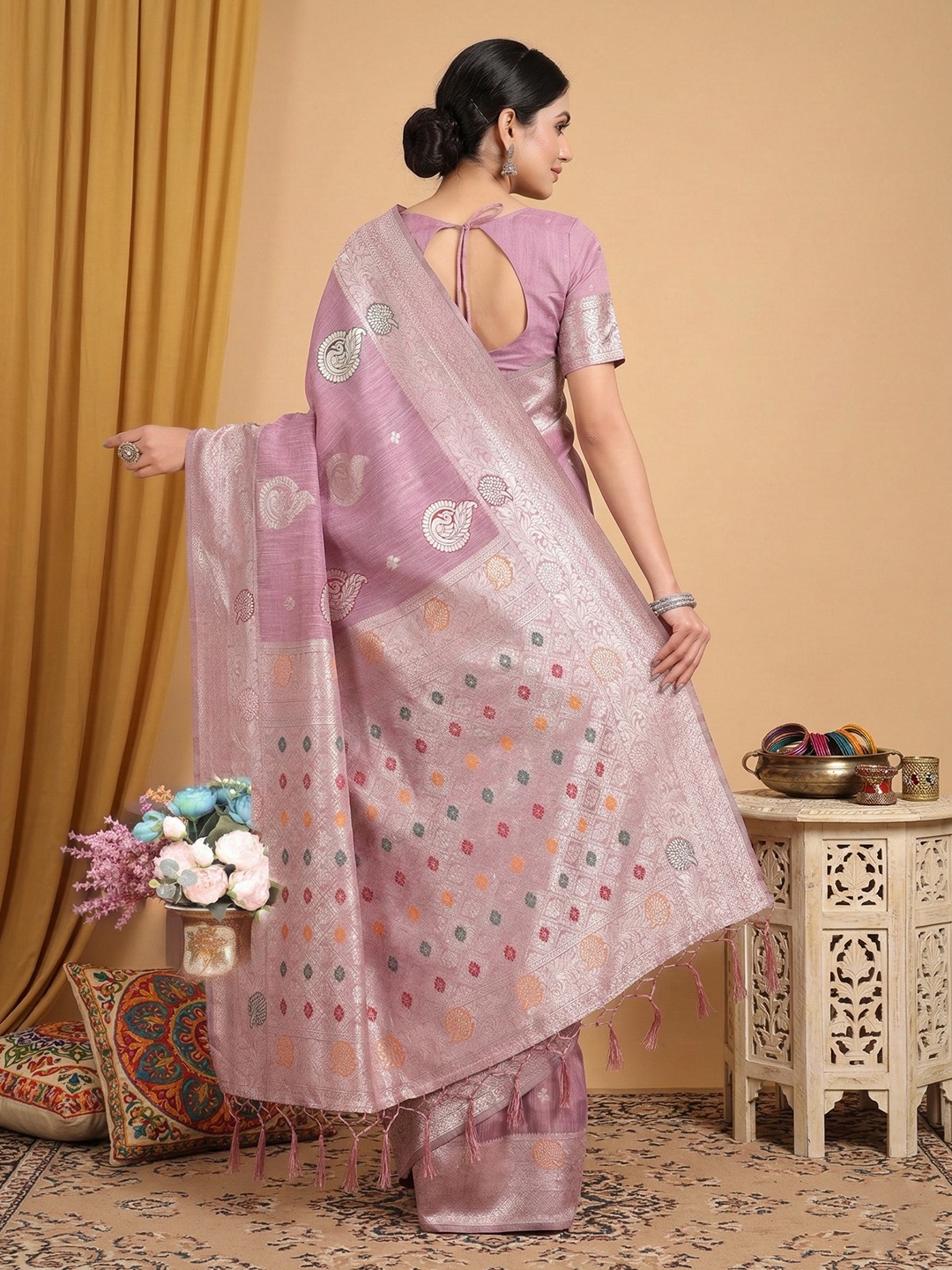 Purple Classic Woven Linen Cotton Saree — alternate view