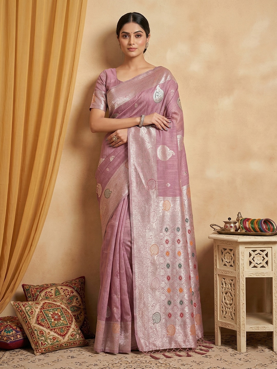 Purple Classic Woven Linen Cotton Saree